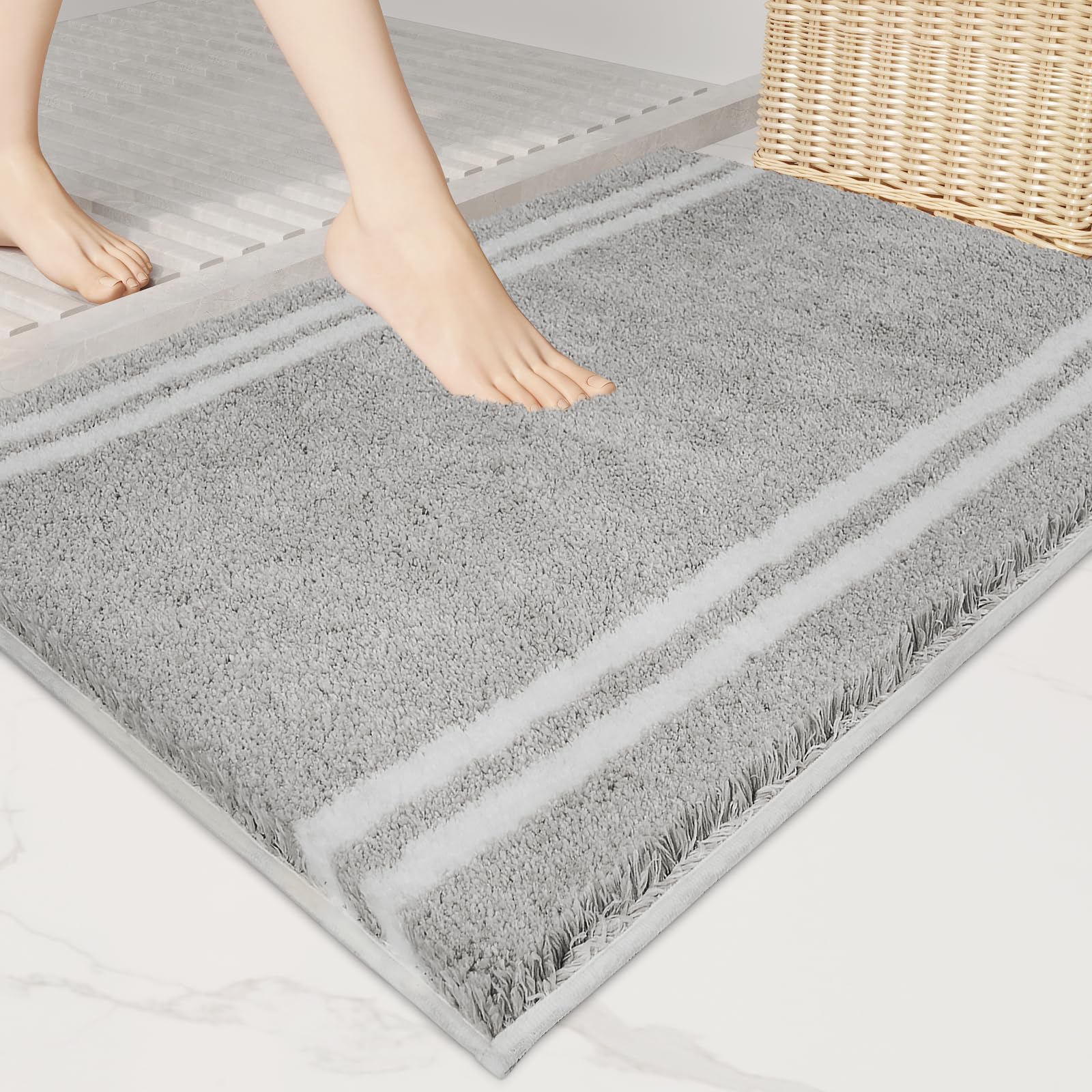 Non-slip Bathroom Rug 50x76 cm - Super Absorbent Quick Dry Shaggy Microfiber Bath Mat, Light Grey-image-7c95a4b3-6897-421a-8fd5-686570f789a8-79077