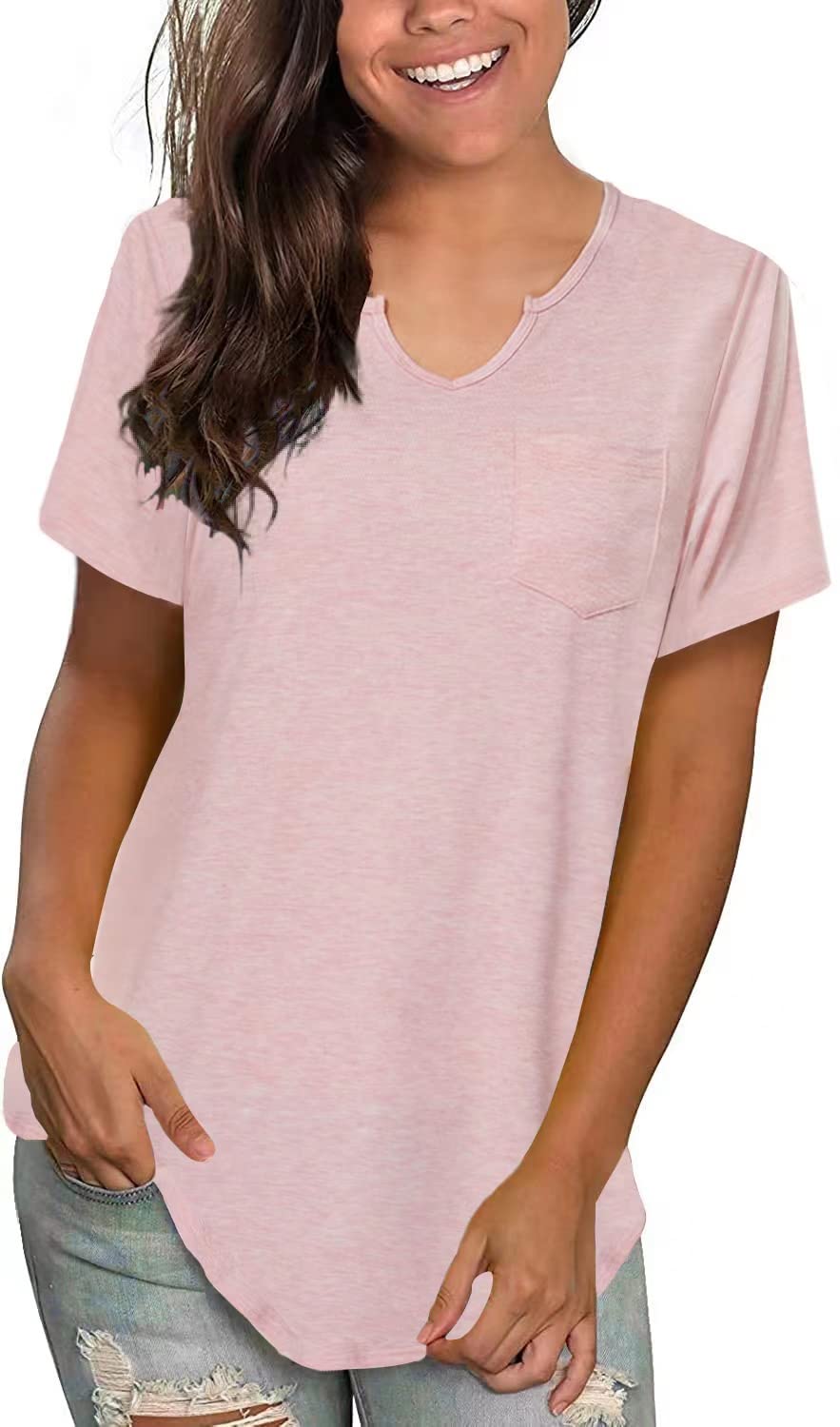 Womens T Shirts V Neck Summer Basic Casual Tops for Ladies Xpenyo Pink-image-4f17f6f0-bb60-424d-b4a7-8b91a209661b-63535
