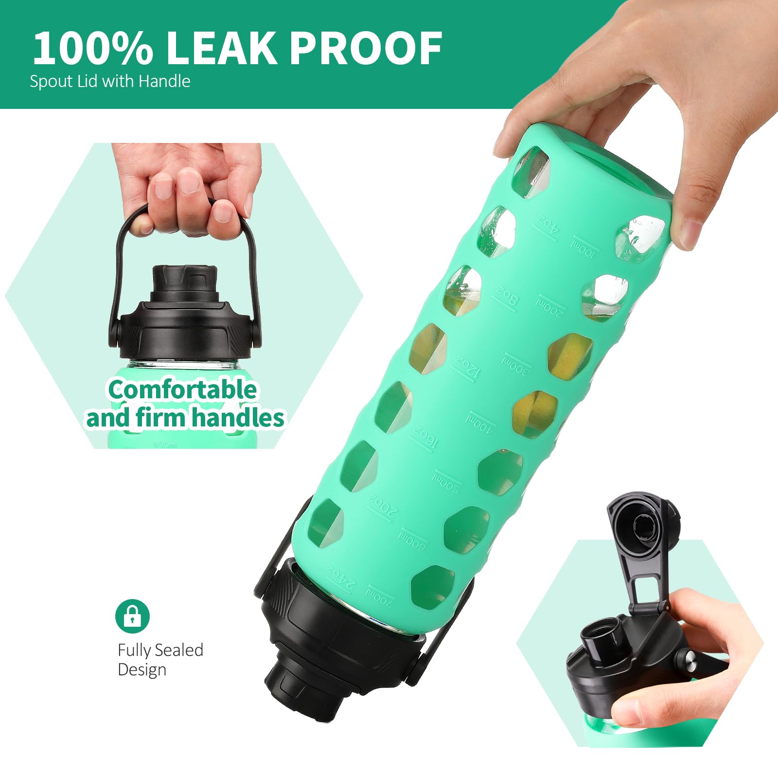 700ML Glass Water Bottle With 2 Flip And Bamboo Straw Lids Sports Water