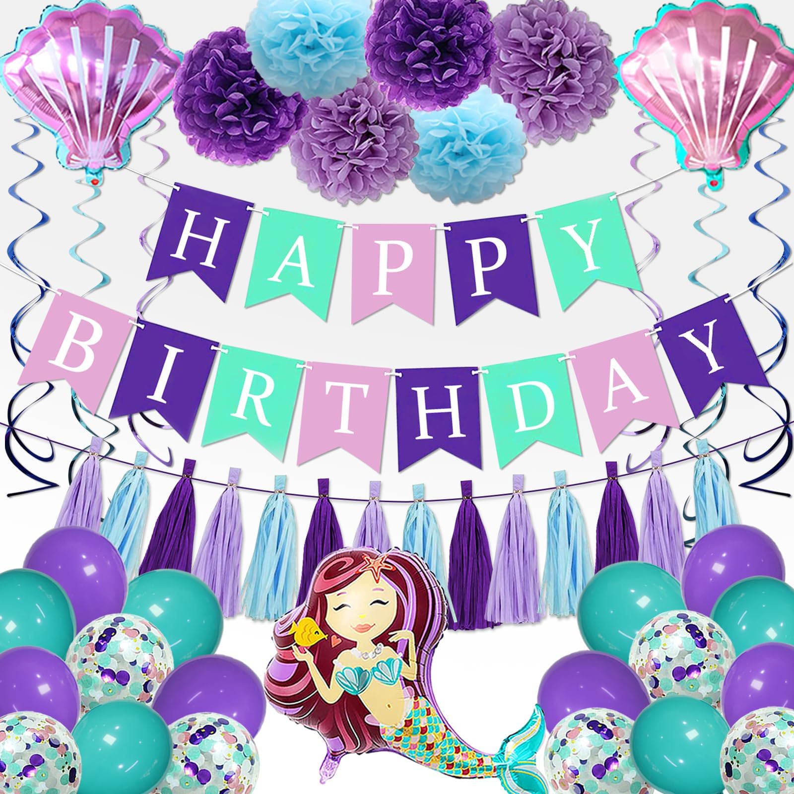 60pcs Mermaid Birthday Decorations Set with Banner, Swirl, Tassel Garland & Shell Balloons - Perfect Party Supplies-image-ef546417-8037-4984-ab9a-90051d661d9c-66557