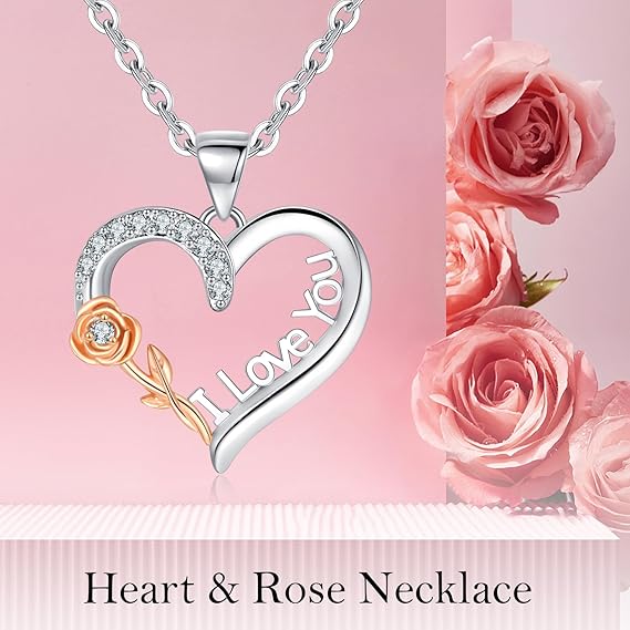 Tusuzik 925 Sterling Silver 'I Love You' Rose Heart Necklace