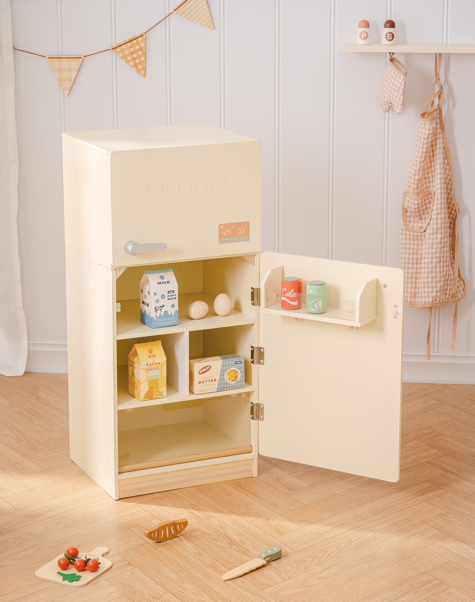 Wooden Play Fridge with Play Food - Creamy Rustic-image-6305ccd9-bde9-4645-b5a6-034132e1e4cc-99764