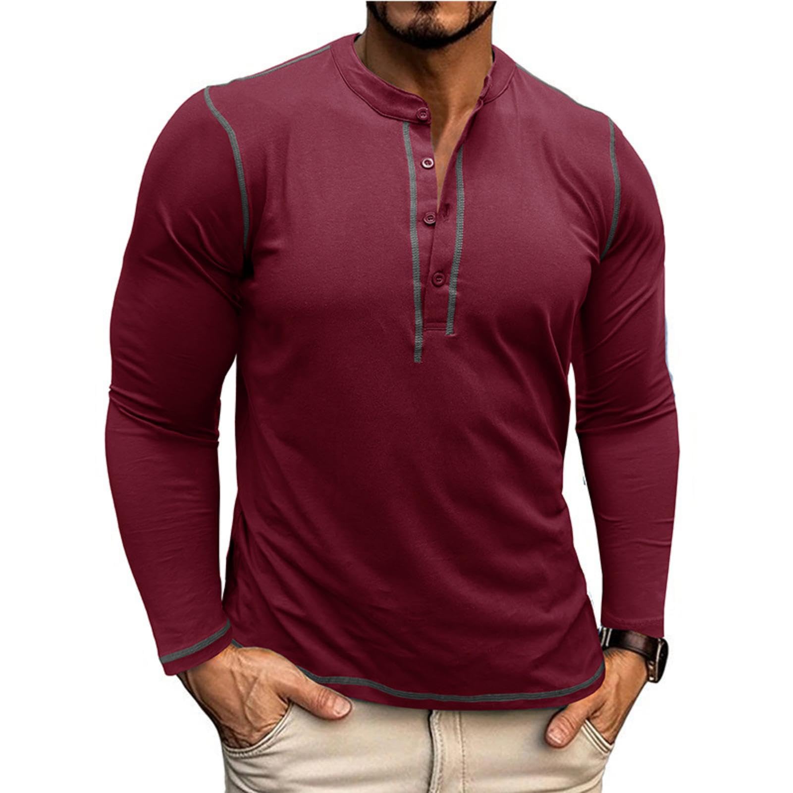 Men's Cotton Henley Long Sleeve T-Shirt - Red XL-image-b4cbefe7-fd50-451c-ac5e-0f31c06c133e-89135
