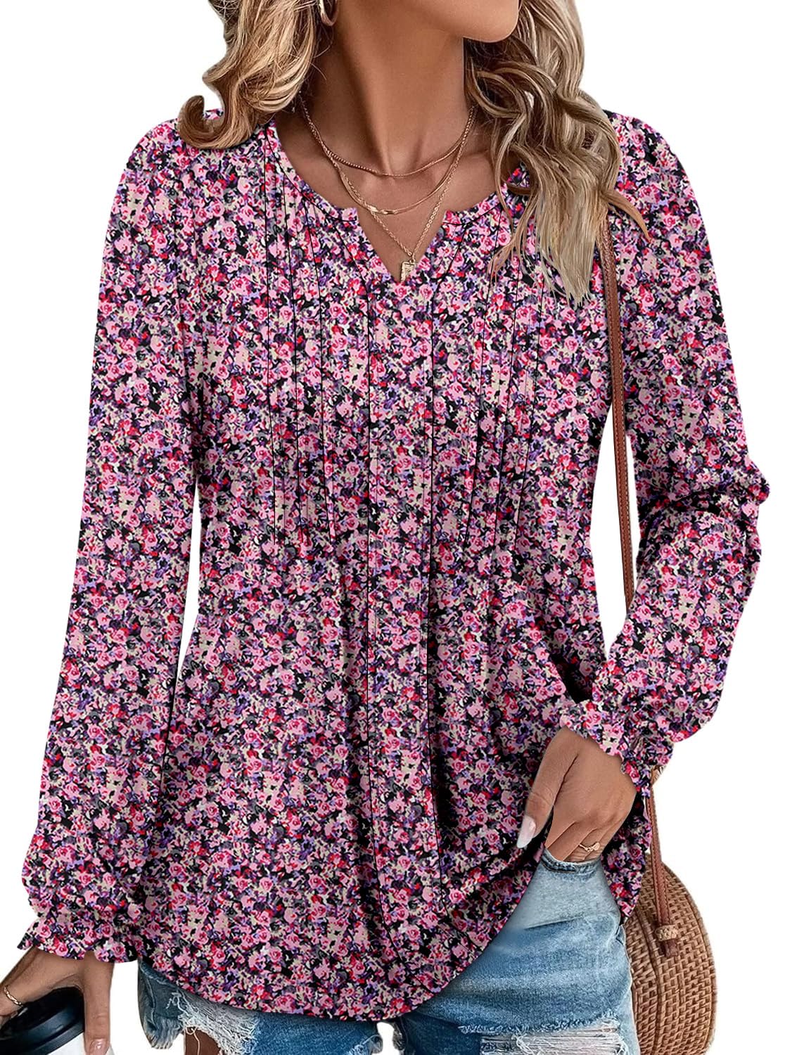 Ladies' Long Sleeve V Neck Tunic Tops - Stylish Puff Sleeves & Pleats for Autumn-image-8bd04e0f-93db-4a7f-a539-6661cae57ca3-66271