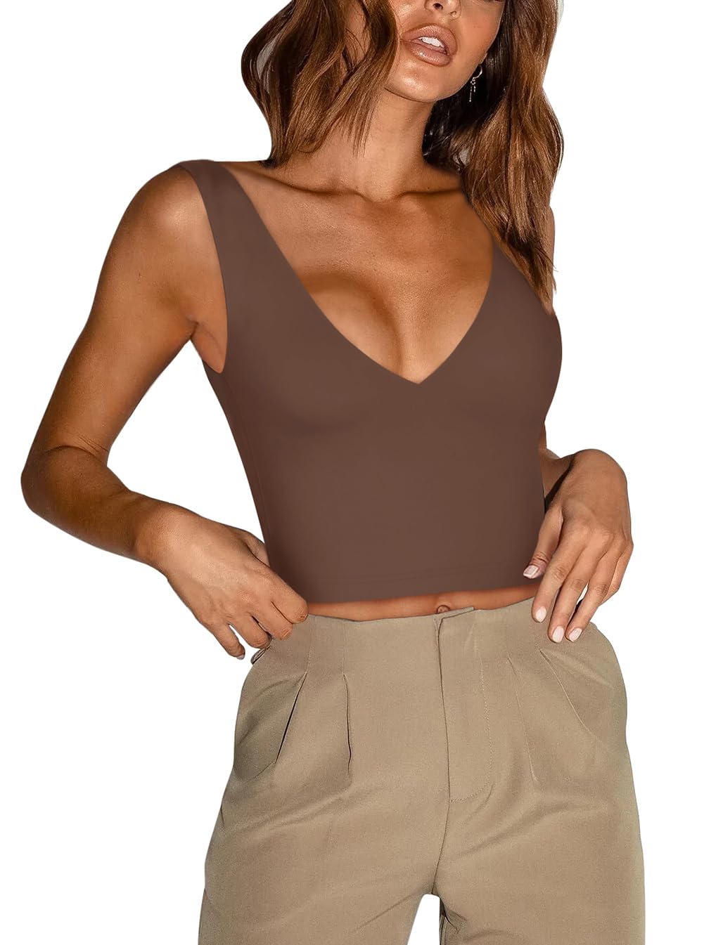 Women's Plunge V Neck Cropped Tank - Coffee Small-image-8f1fafee-bea6-47d0-9d67-ae2e7ce1b55a-102584
