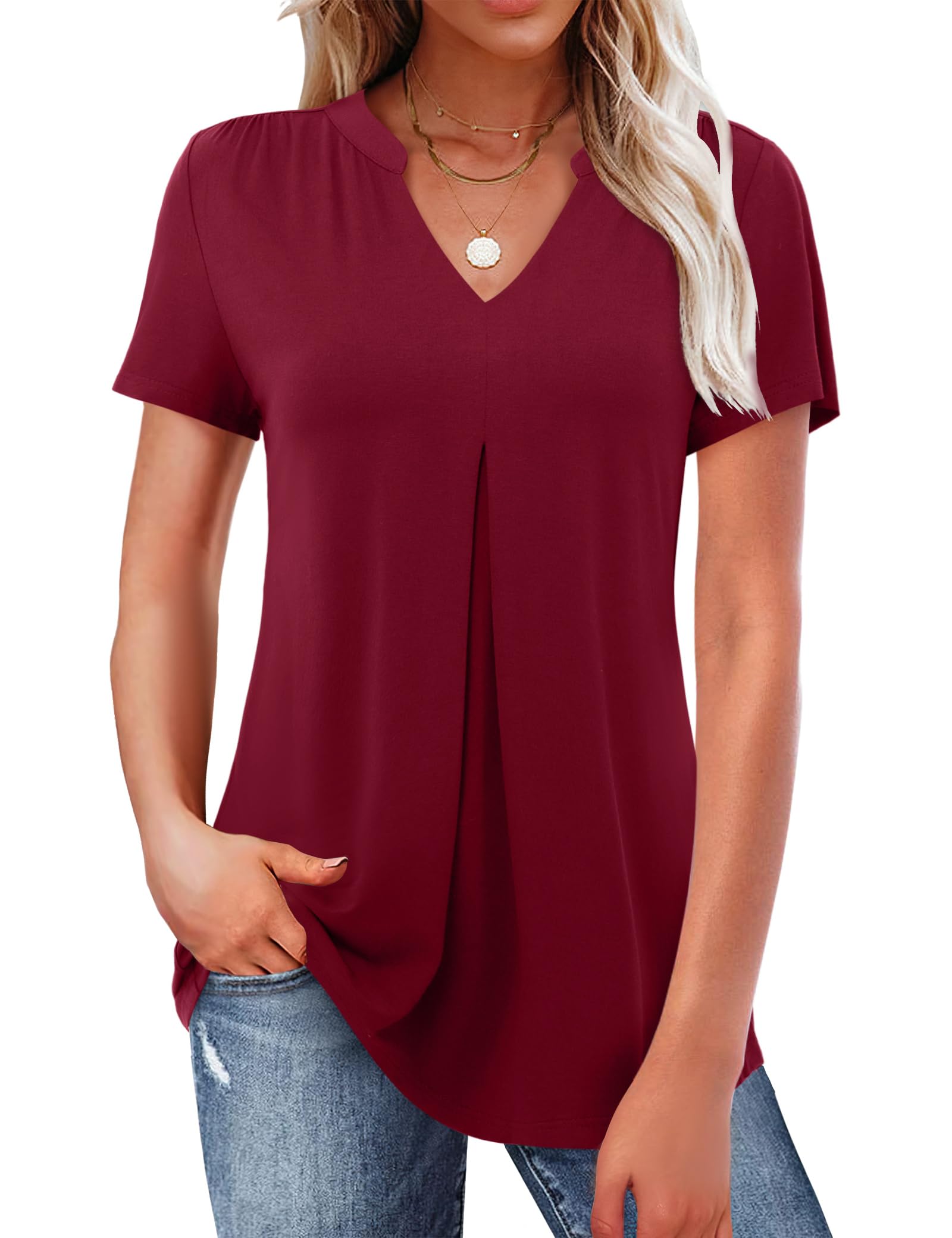 Women's Burgundy V-Neck Tunic Top - Summer Casual Short Sleeve Tee, Sizes 18-20-image-f20f058b-2df6-4f64-8e52-53267a4ce762-49375