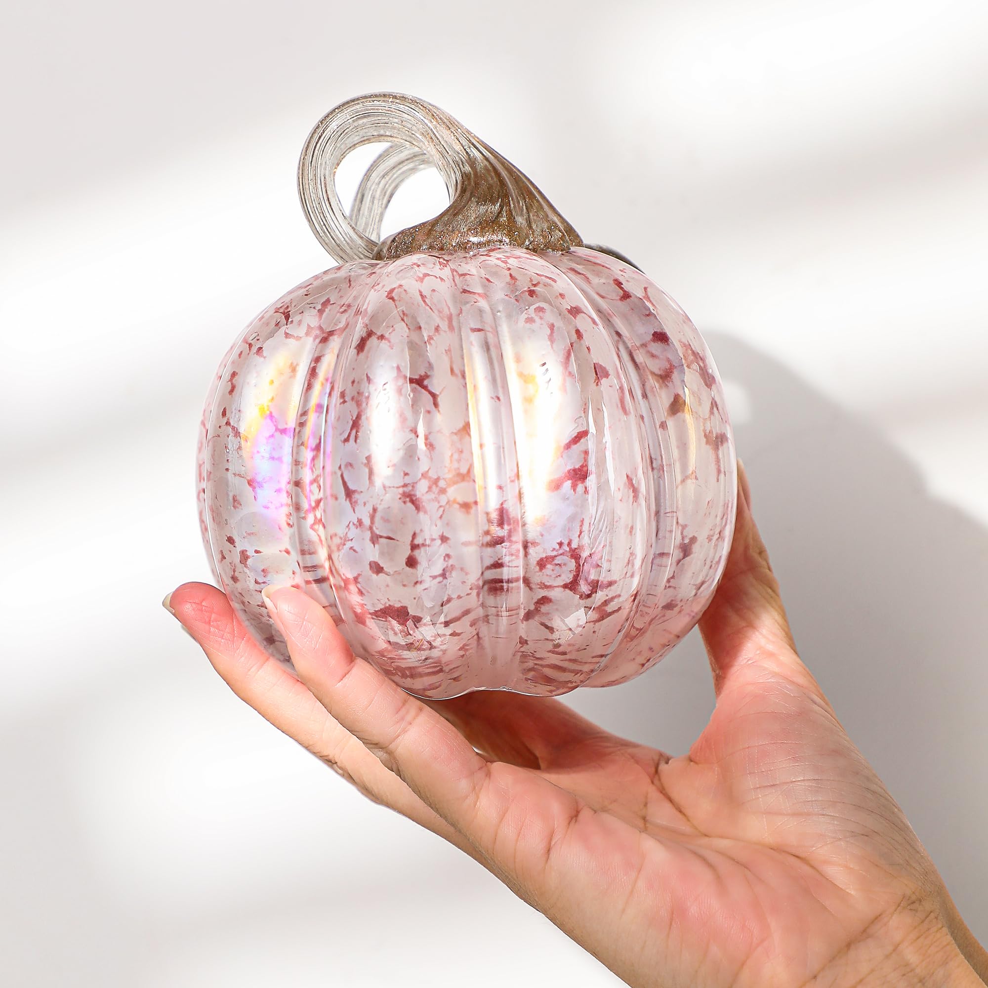 Hand Blown Pink Glass Pumpkin Figurine - 4.5in Art Glass Halloween Decor-image-2ccdda14-10f3-484f-9995-2bd3eec29d1a-59814