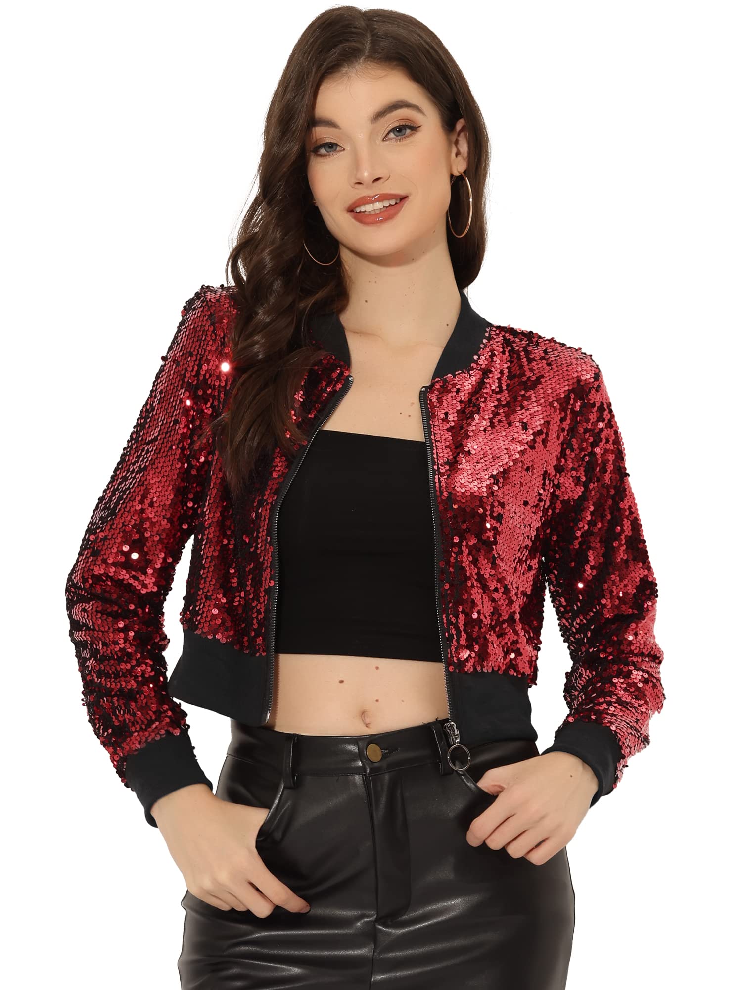 Women's Sequin Crop Bomber Jacket - Red-A M-image-d755fe7f-6ac5-4ccc-ba89-b172f88c29f4-116144