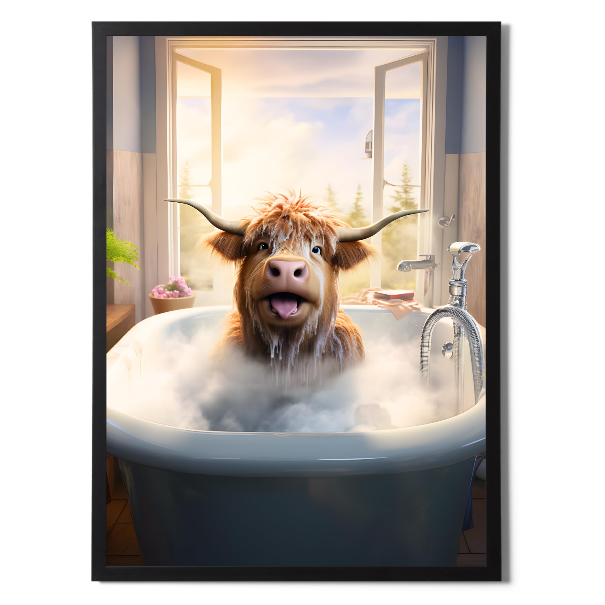 Highland Cow Bath Wall Art - White A3 Framed-image-6ae81fe3-df6b-4e64-875d-66e597608568-109866