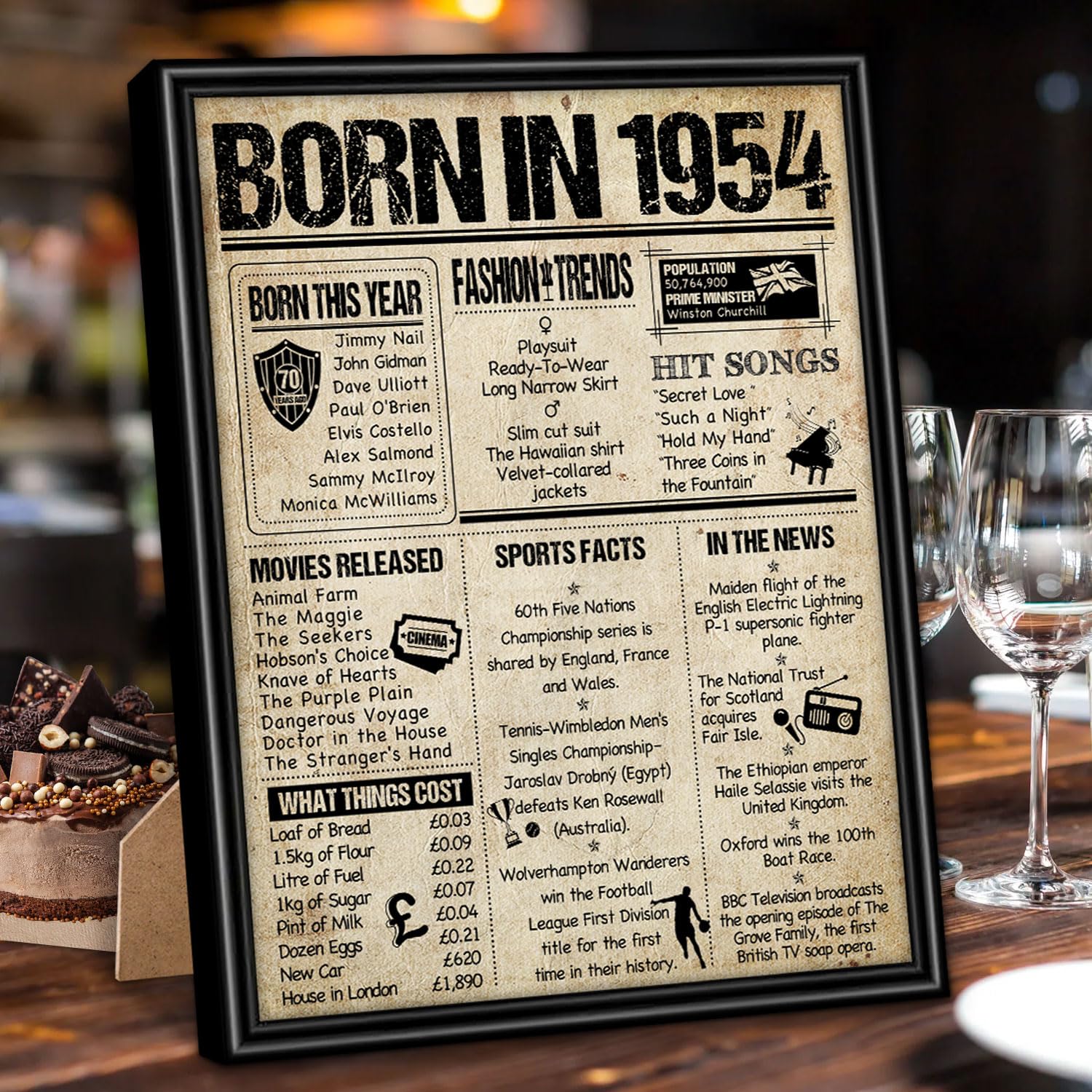 Benjia Poster Framed UK, Happy Birthday Party 1954 70th 70 Black (8x10