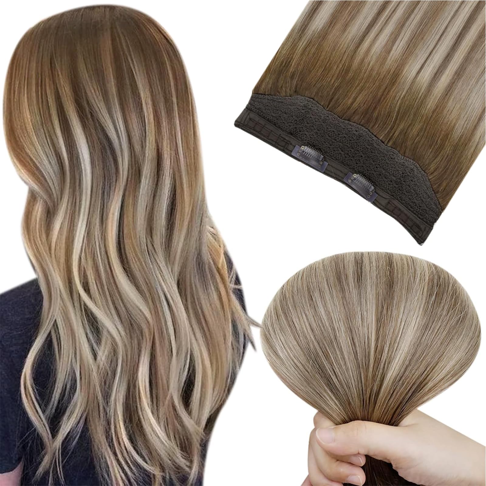Easyouth Draht-Haarteile Balayage Ash Blonde Mix - 70g, 30 Cm, Echthaar, Verstellbar