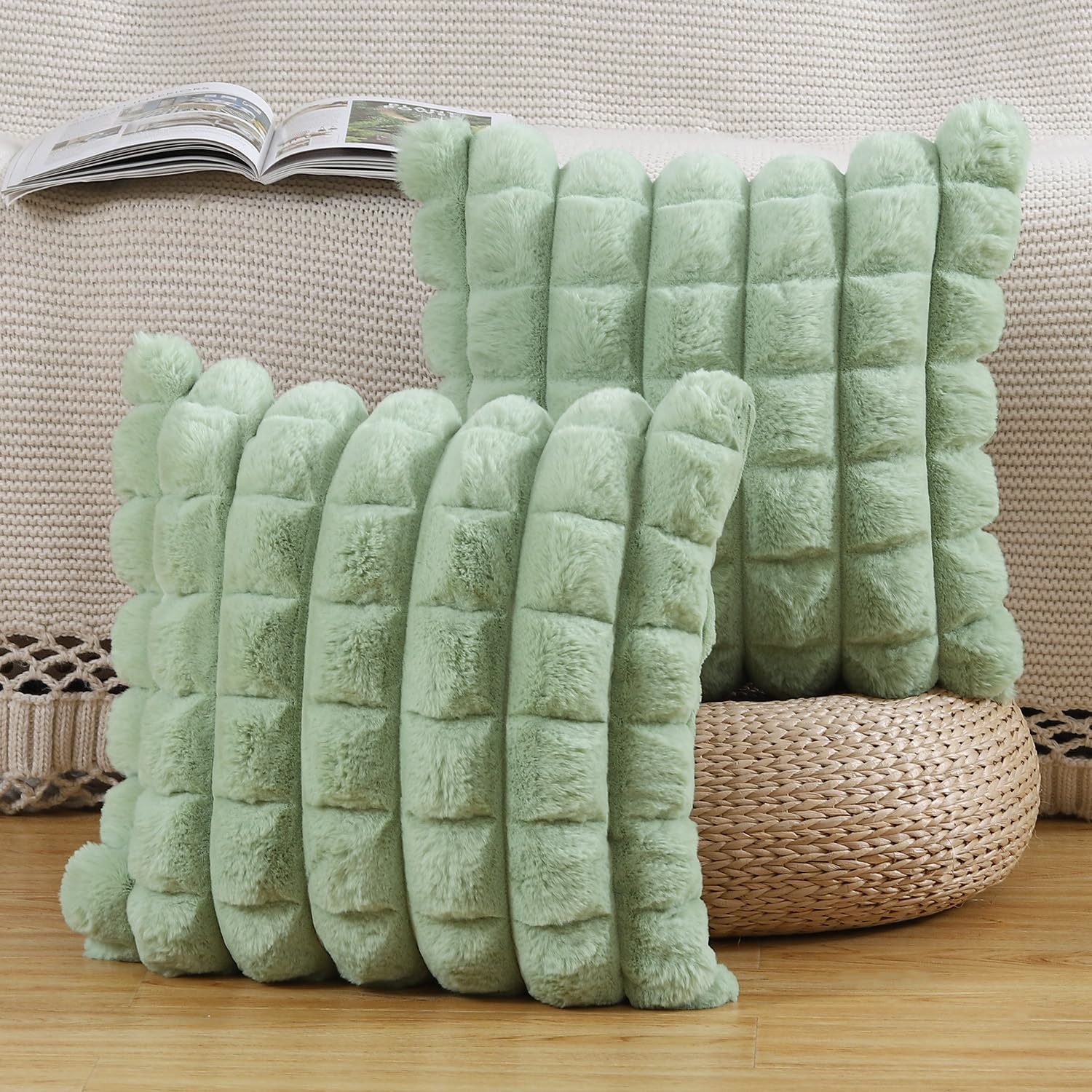 Faux Wool Cushion Covers Set of 2 - Plaid Green 55x55 cm-image-45c1f911-9320-4eb5-b1be-c9b0fc8ddd79-123489