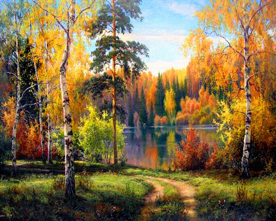 Meecaa Paint by Numbers Landscape Woods Path Maple Leaves Lake 16x20