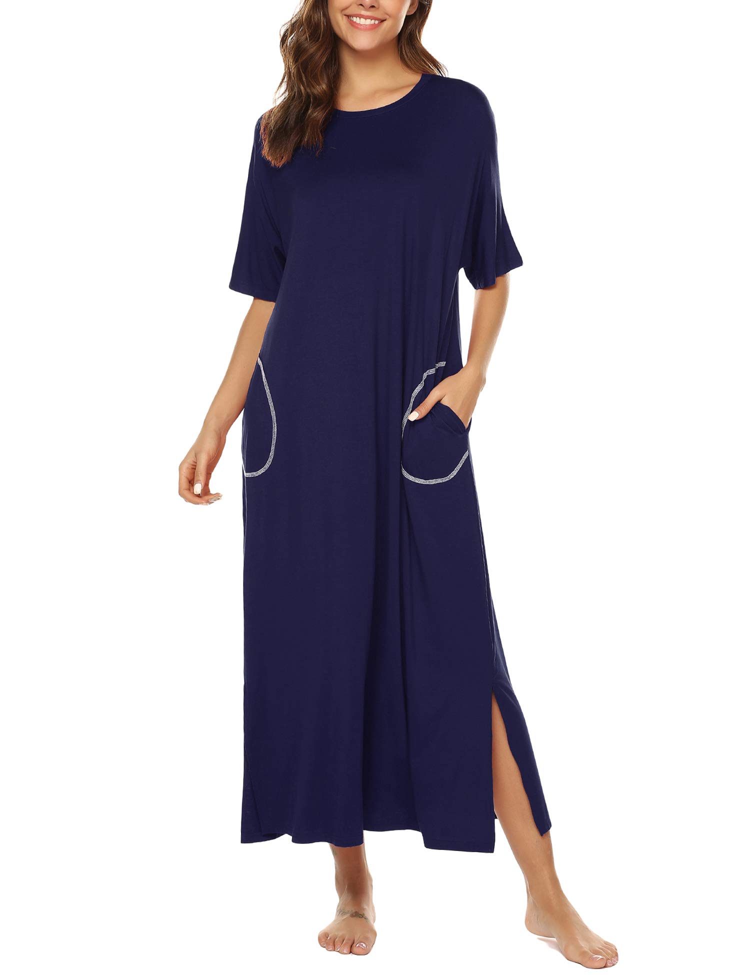 Cotton Knit Long Sleeve Nightgown - Navy Blue XL-image-85c910a6-e7af-47e4-94ff-cfbca38f6ff9-90139