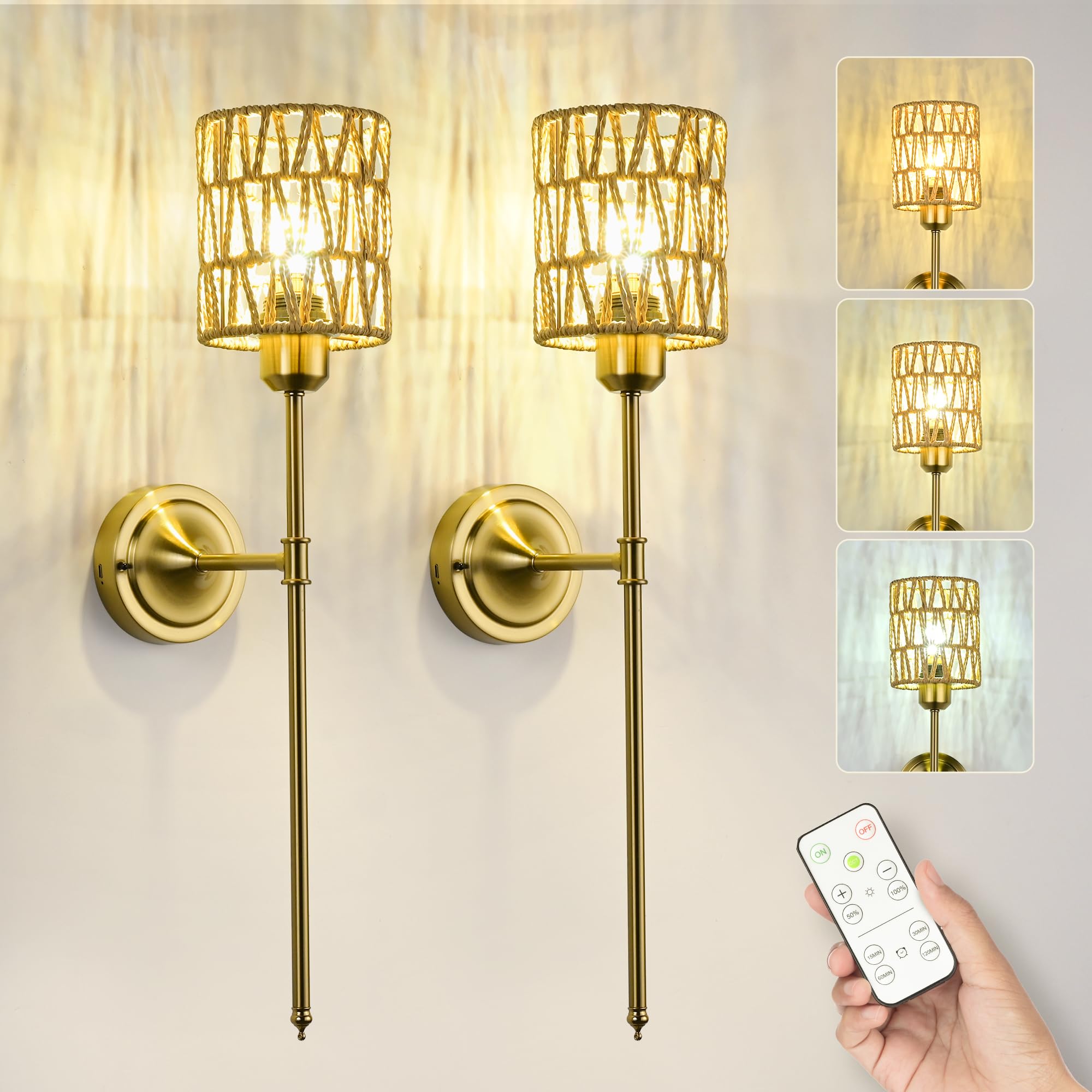 Rechargeable Wall Lights with Remote - Gold Rattan-image-5eb4b925-8b51-4081-b97f-90ad022e107c-108966