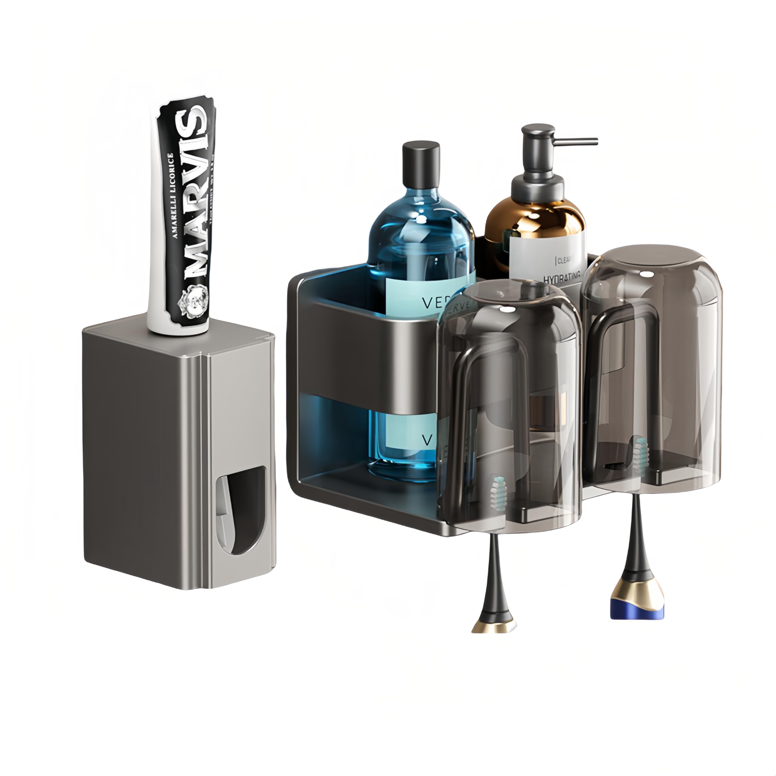Wall Mounted Bathroom Holders Set - 2 Cups Toothbrush Holder, Cosmetic Organiser & Toothpaste Dispenser, Grey-image-3bbaaf83-c511-436b-8d0e-20d5aa11d8a9-66995