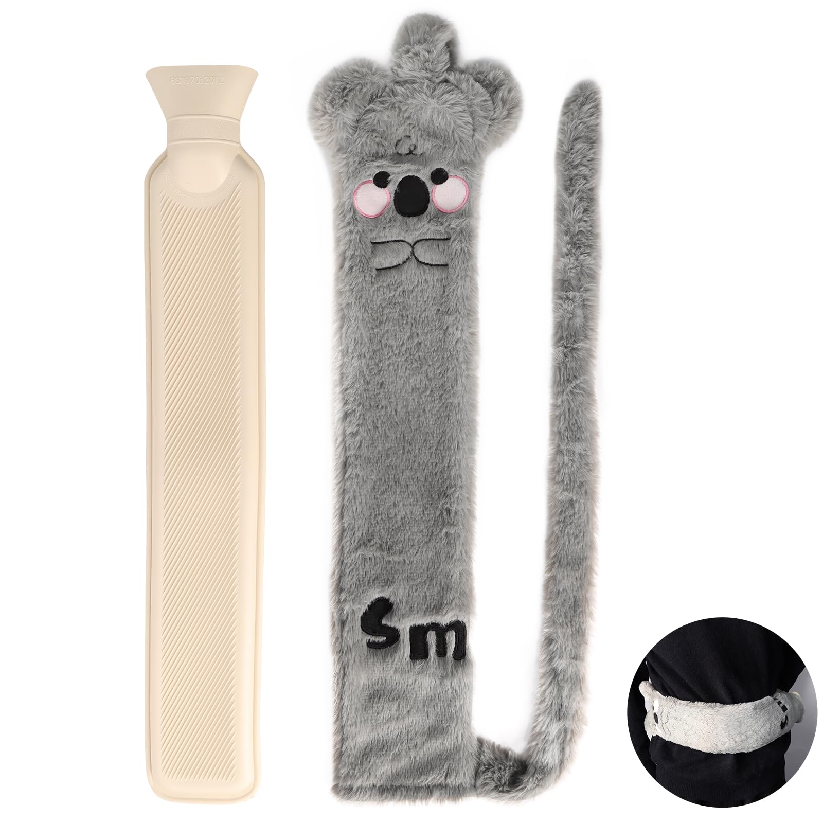 Long Hot Water Bottle with Soft Fluffy Cover, 52CM Natural Rubber for Neck & Shoulder Pain Relief