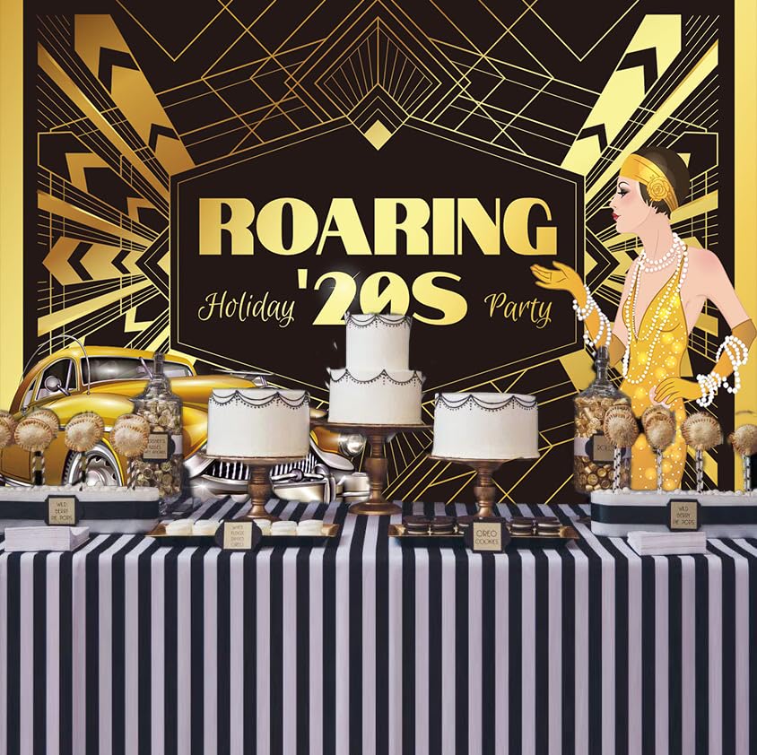 Black Golden Roaring 20s Backdrop – 10x8ft Fabric For 1920s Party, Dance, Wedding, Photo Studio