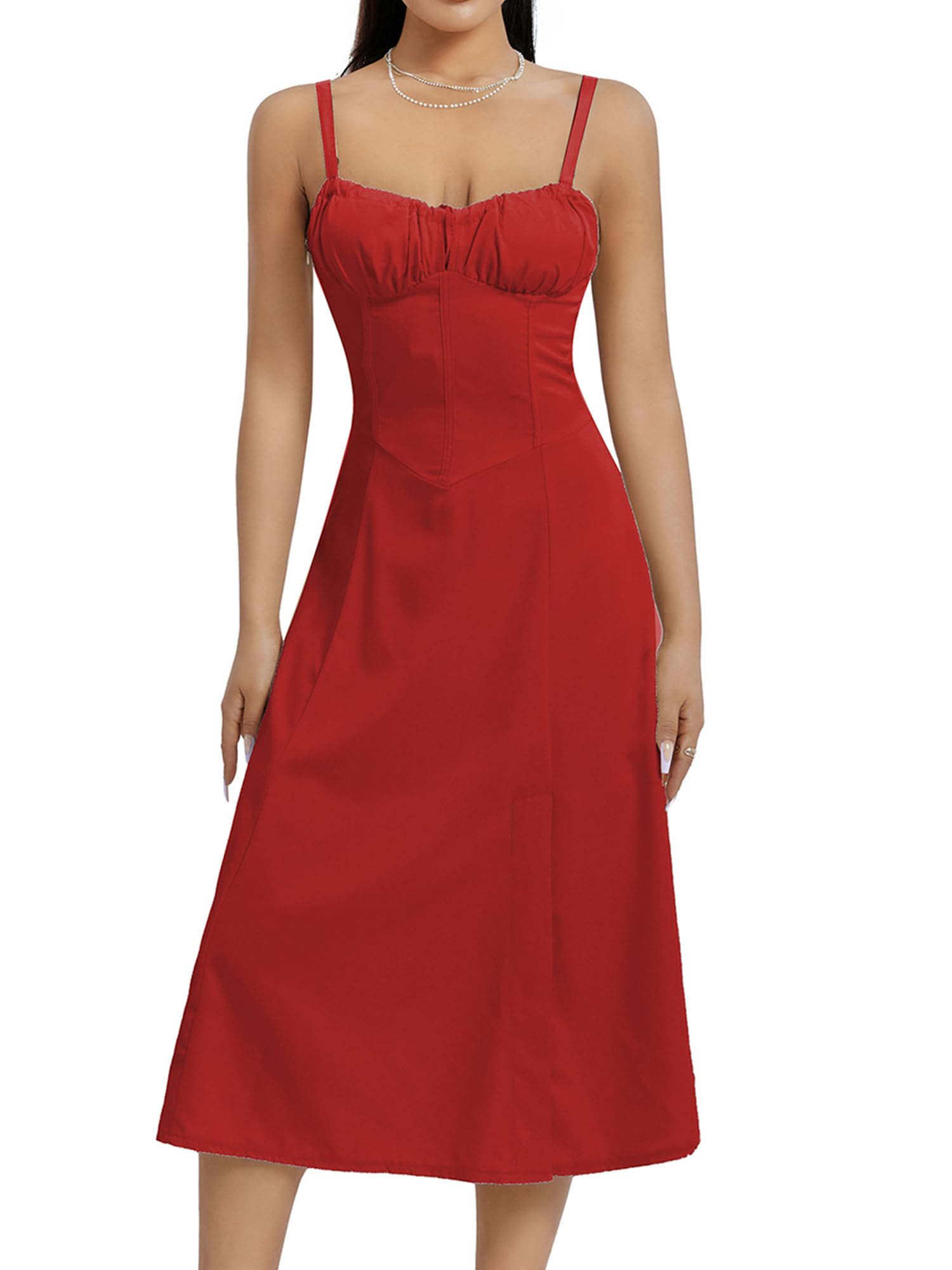 Women's Y2k Square Neck Maxi Dress - Cottagecore Style, Sleeveless, Ruffle, Spaghetti Straps - Red, Large-image-a8d79d14-98b8-4a76-b975-d534c19252e5-67022