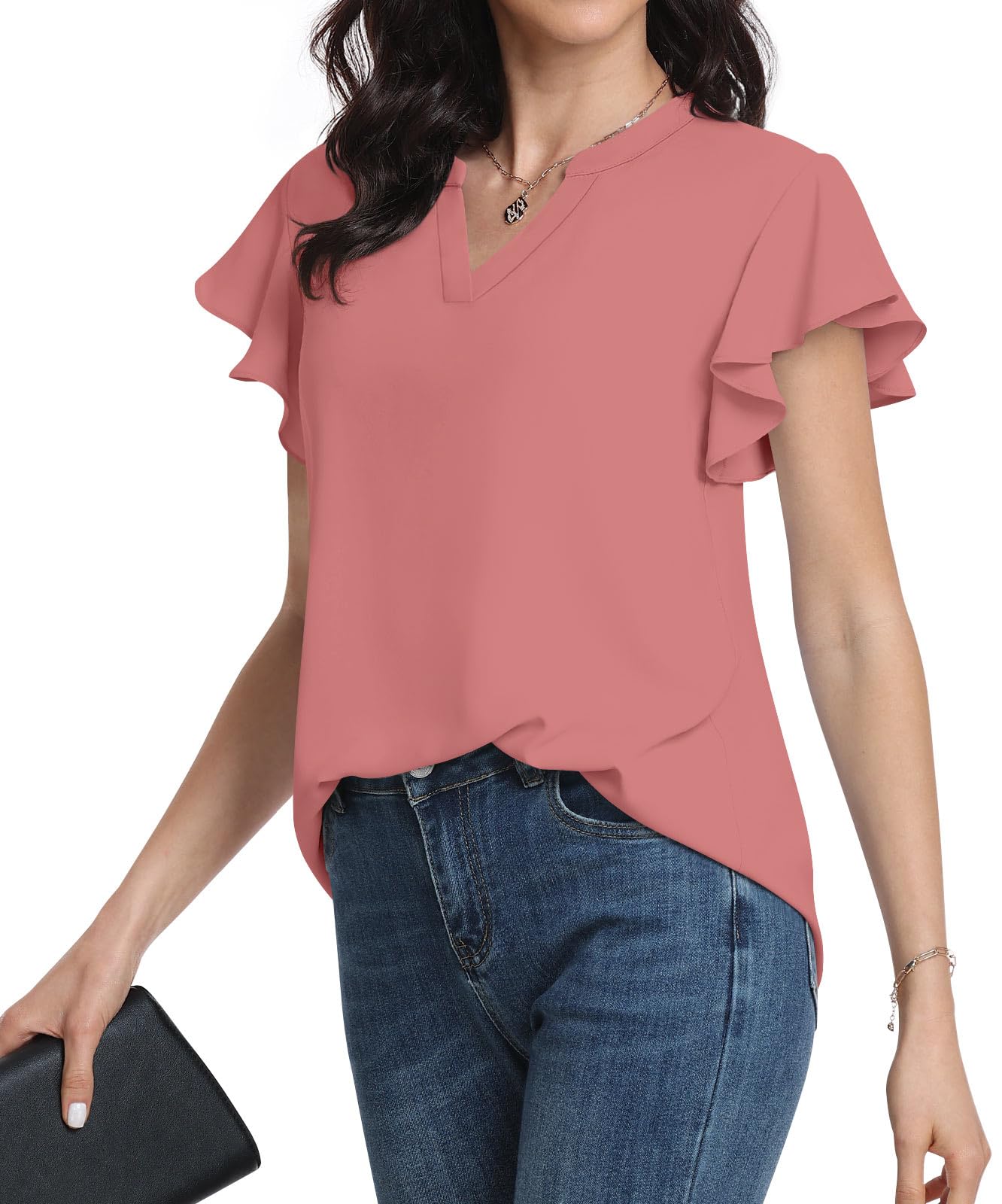Anyally Women’s Notch V Neck Tops Dressy Casual Chiffon Blouse Summer