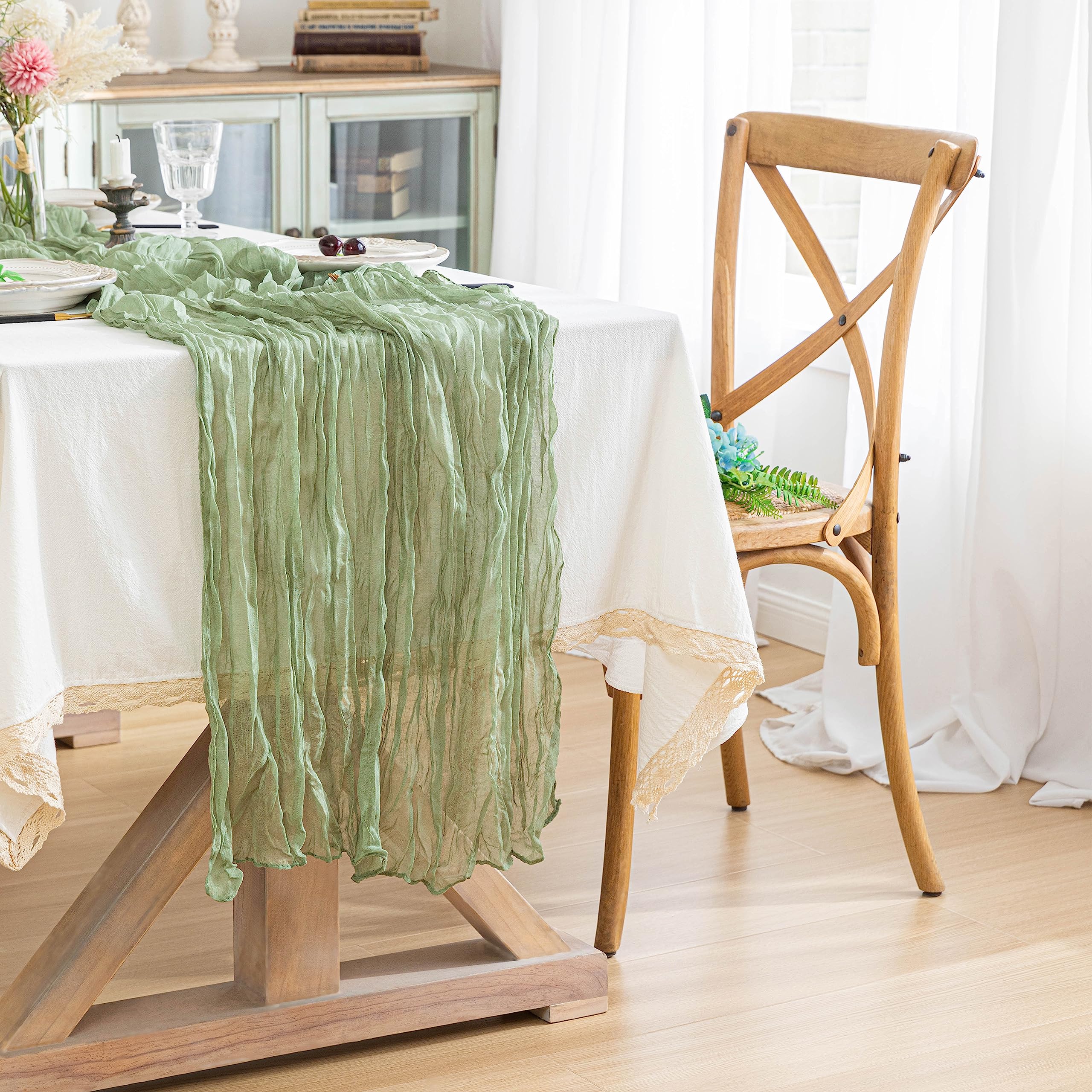 Sage Cheesecloth Table Runner, Rustic Gauze Fabric Boho Green 35"x120"