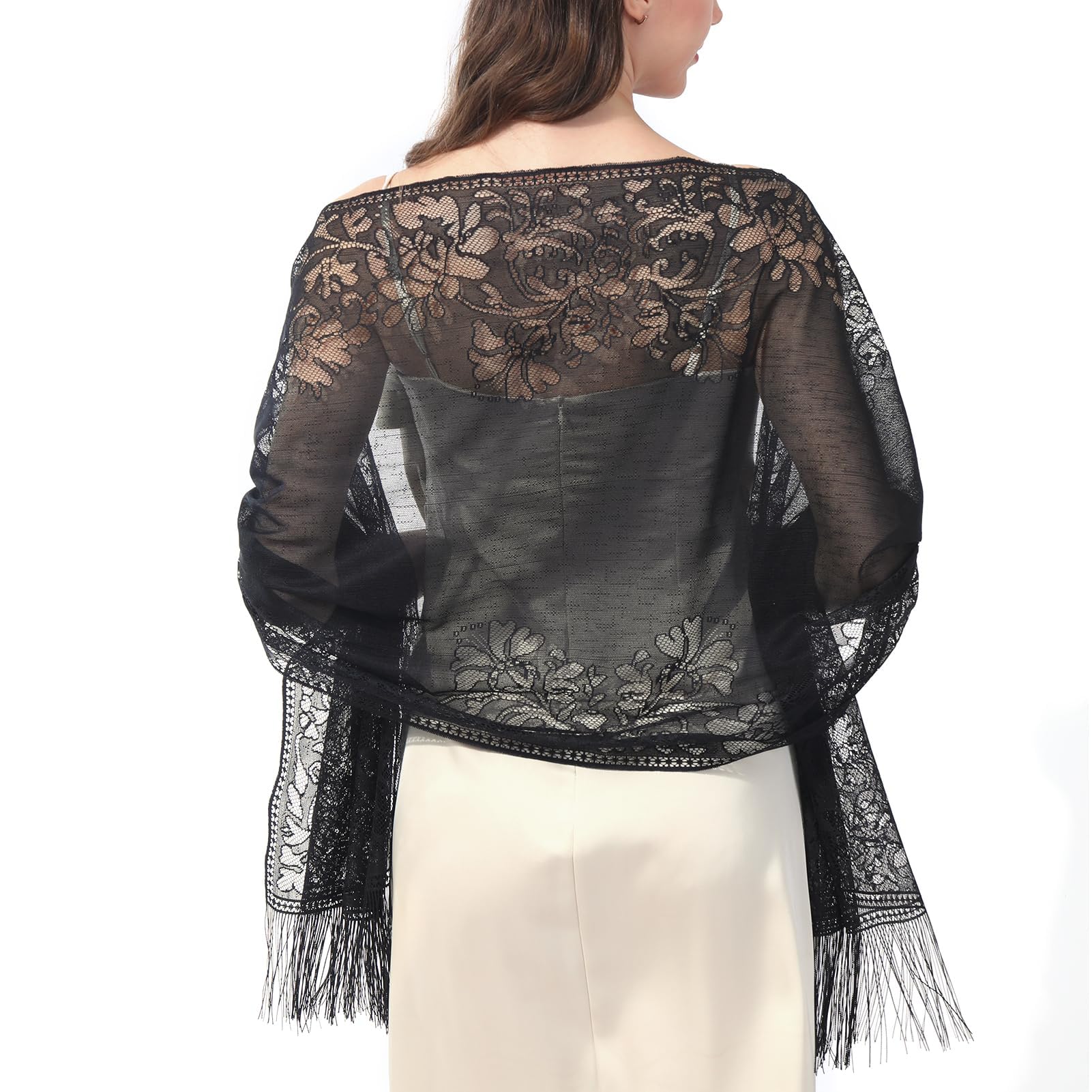 Embroidery Lace Multi-Color Wedding Dresses Long Lace Scarf With Furball Fringe - Embroidery Floral Tassel Sheer Solid Color Shawl Scarf Floral