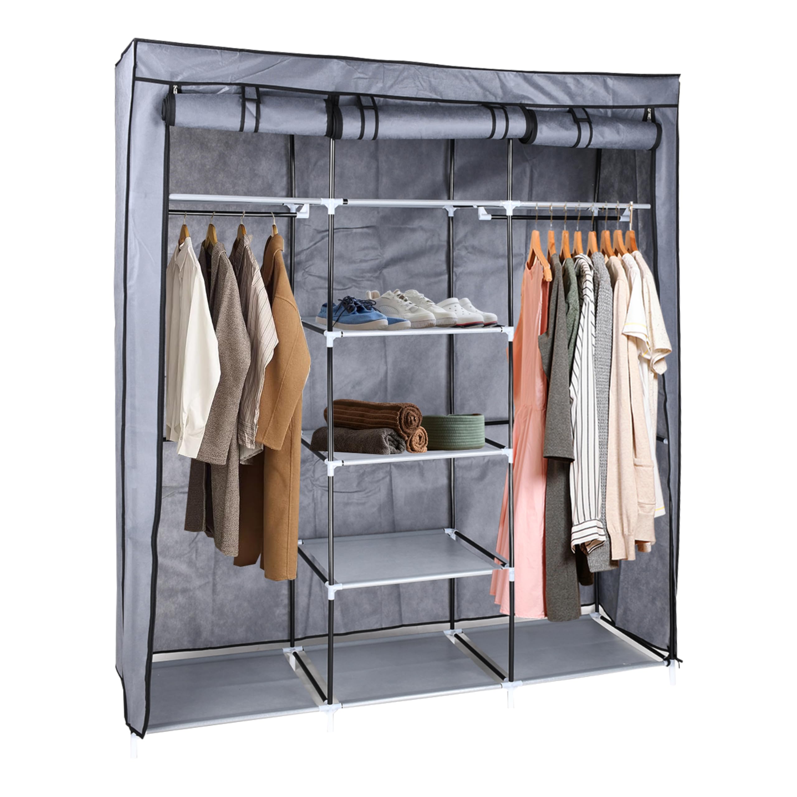 Portable Grey Wardrobe Closet - Easy Assembly, Clothes Storage Solution