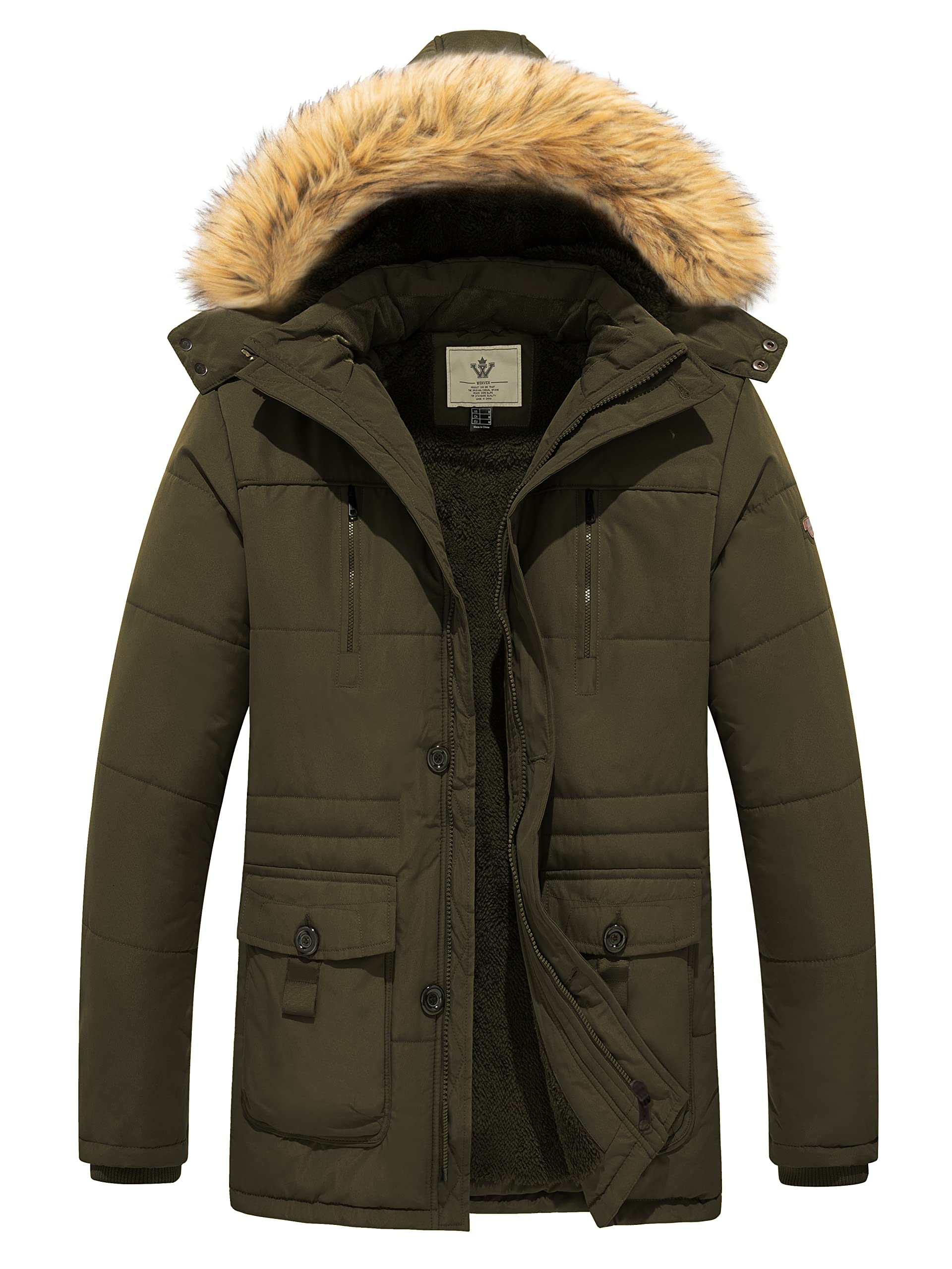 Men's Winter Casual Fleece Coat with Faux Fur Hood - Mid-Length Windproof Parka, Army Green, Size M-image-87600bc7-01ea-445e-89c9-d5dbc6273fac-68608