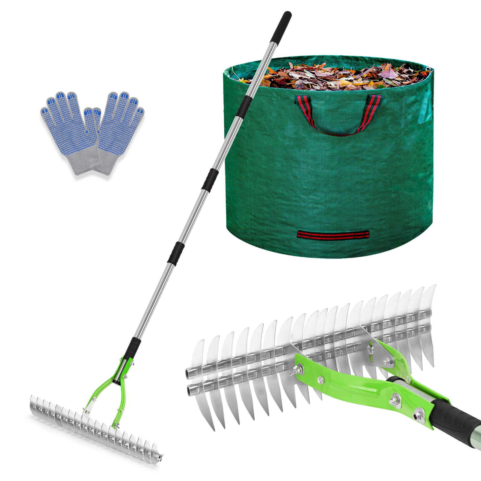 15-Inch Lawn Thatching Rake with Bag and Gloves - Green Adjustable-image-42d74e04-af50-46c7-b213-2dfdfbf6f2fe-98220