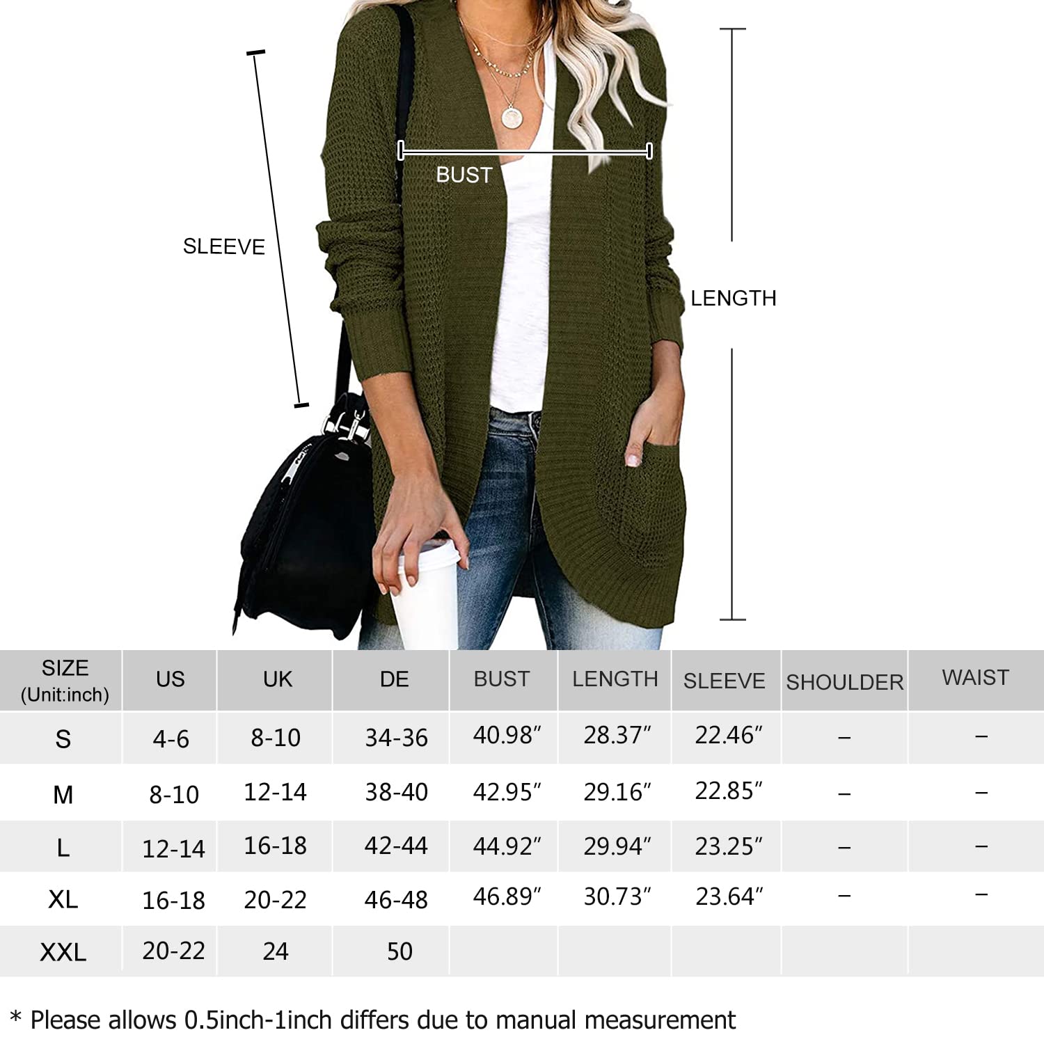 Disi Women's Long Sleeve Chunky Knit Cardigan - Waffle Open Front Sweater (Grey, Medium) - View #8