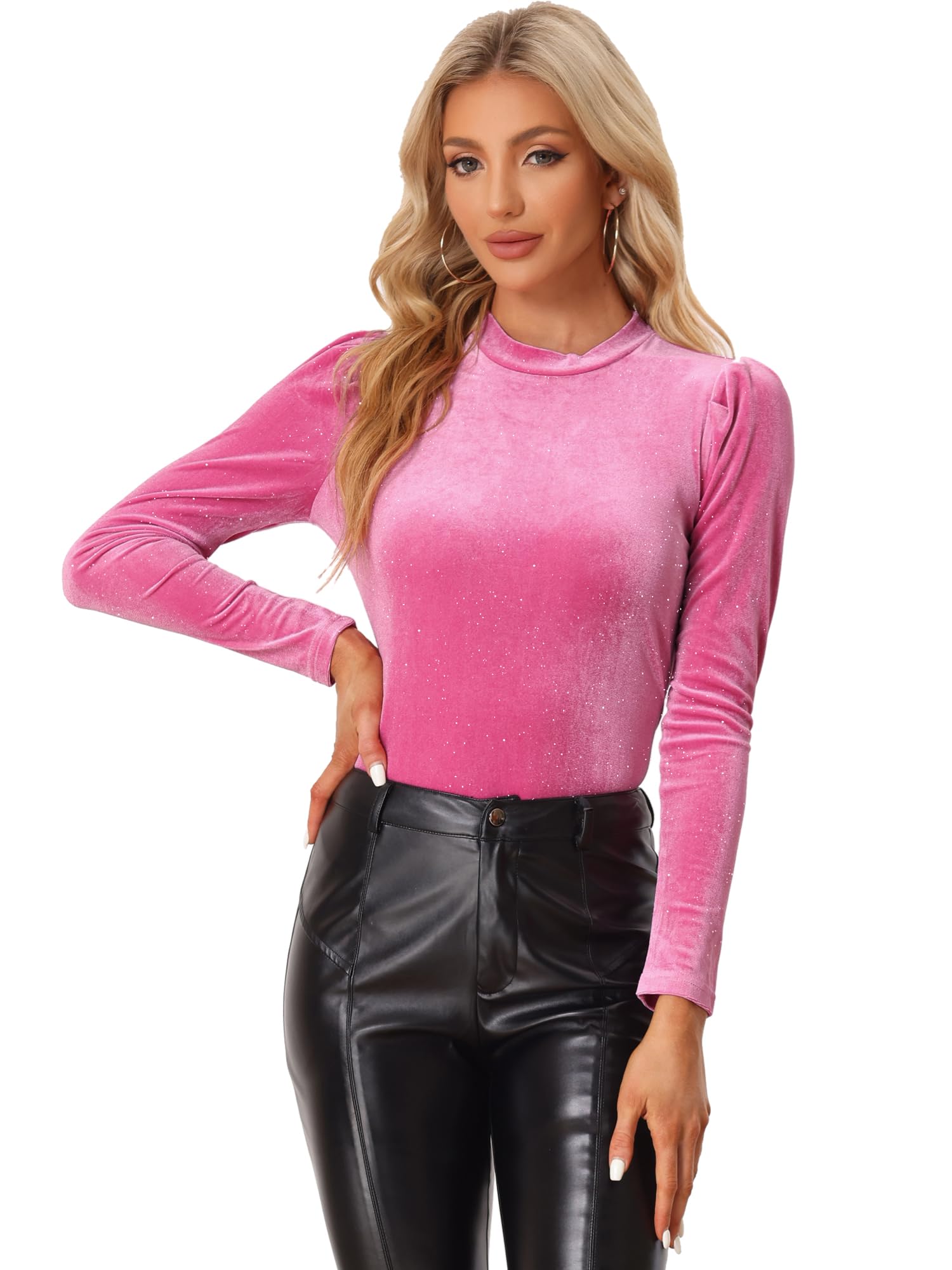 Women's Velvet Puff Sleeve Blouse - Hot Pink M-image-574bb4e6-477e-4e1d-b9f4-7a5c1be86b12-114823