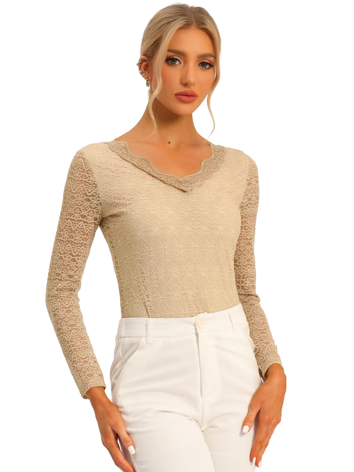 Women's Lace Blouse Sheer Floral - Camel S-image-c5472026-98b3-4bb6-8706-dd2d370eaf84-116493