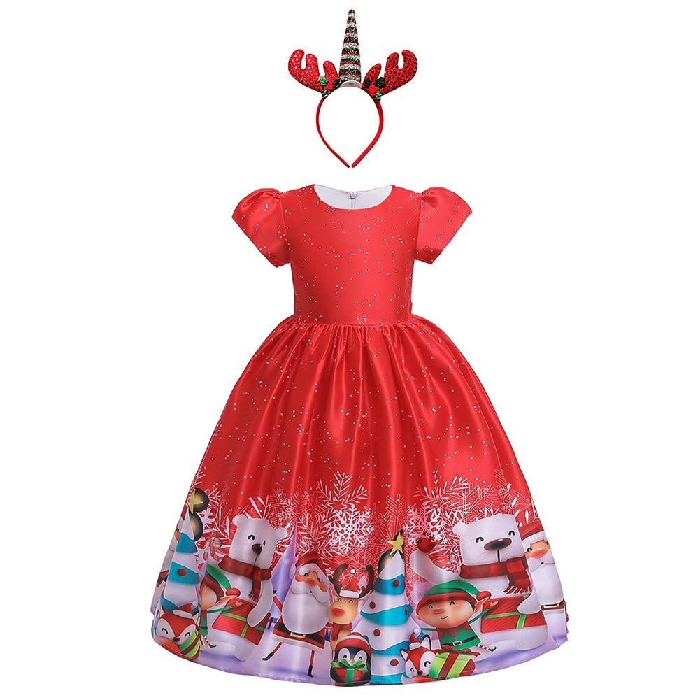 Girl Christmas Dress With Unicorn Headband Santa Claus Snowman Snowflake Girl Christmas Dress With Unicorn Headband Santa Claus Snowman Snowflake