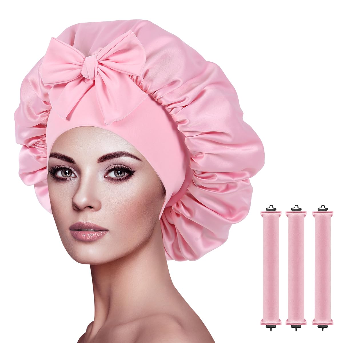 Silk Bonnet & Heatless Curlers Set for Women - Satin Pink Sleep Wrap Cap-image-04dfb1b5-f3f7-4907-ae51-7b567506620f-56455