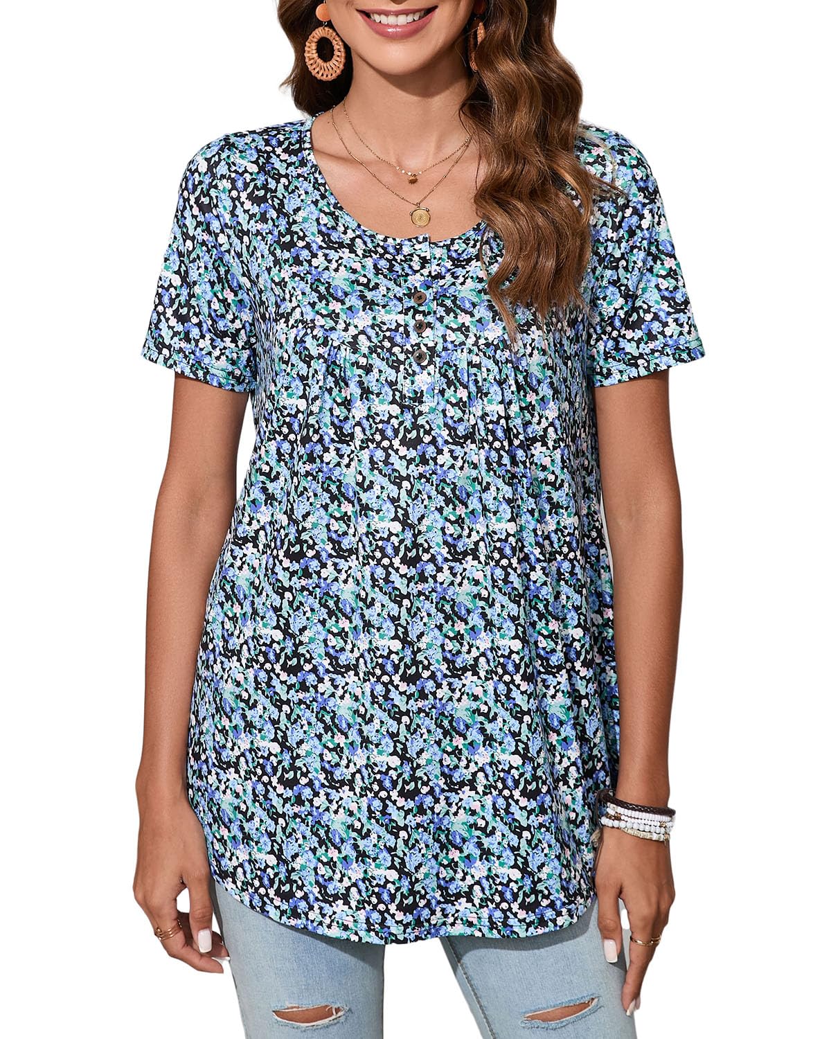 Women's Floral Tunic Top Short Sleeve - Blue Floral S-image-9397341c-4d0f-4d8f-8e8a-455654f9f62f-102369