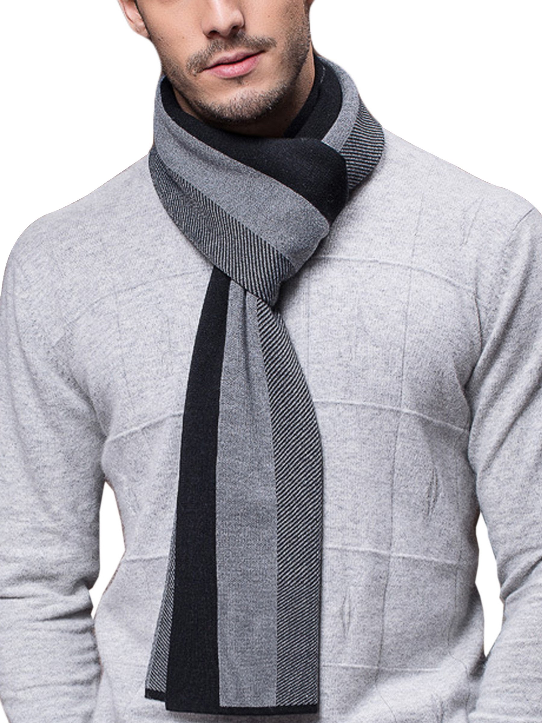 Men's Wool Blend Knitted Scarf - Striped Grey & Dark Grey-image-909ed202-04f1-408c-99ee-b0a0ac6c445e-120412
