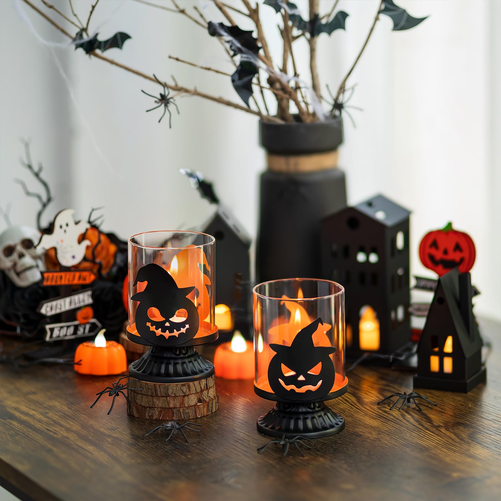 Hallmark Halloween Candle Holders Votive Tealight Set Black Cat Pumpkin