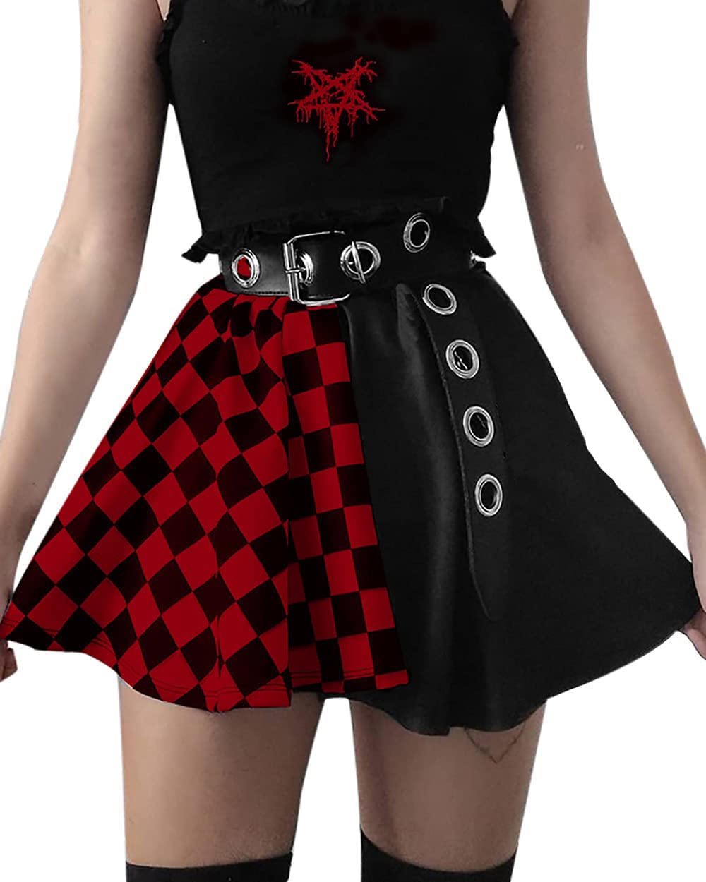 Womens Punk Gothic Plaid Patchwork A-Line Mini Skirt with Belt, Red, Size L - Kawaii Y2K Style-image-54032d6b-5ea3-41af-9319-4a2276b7efa5-48812