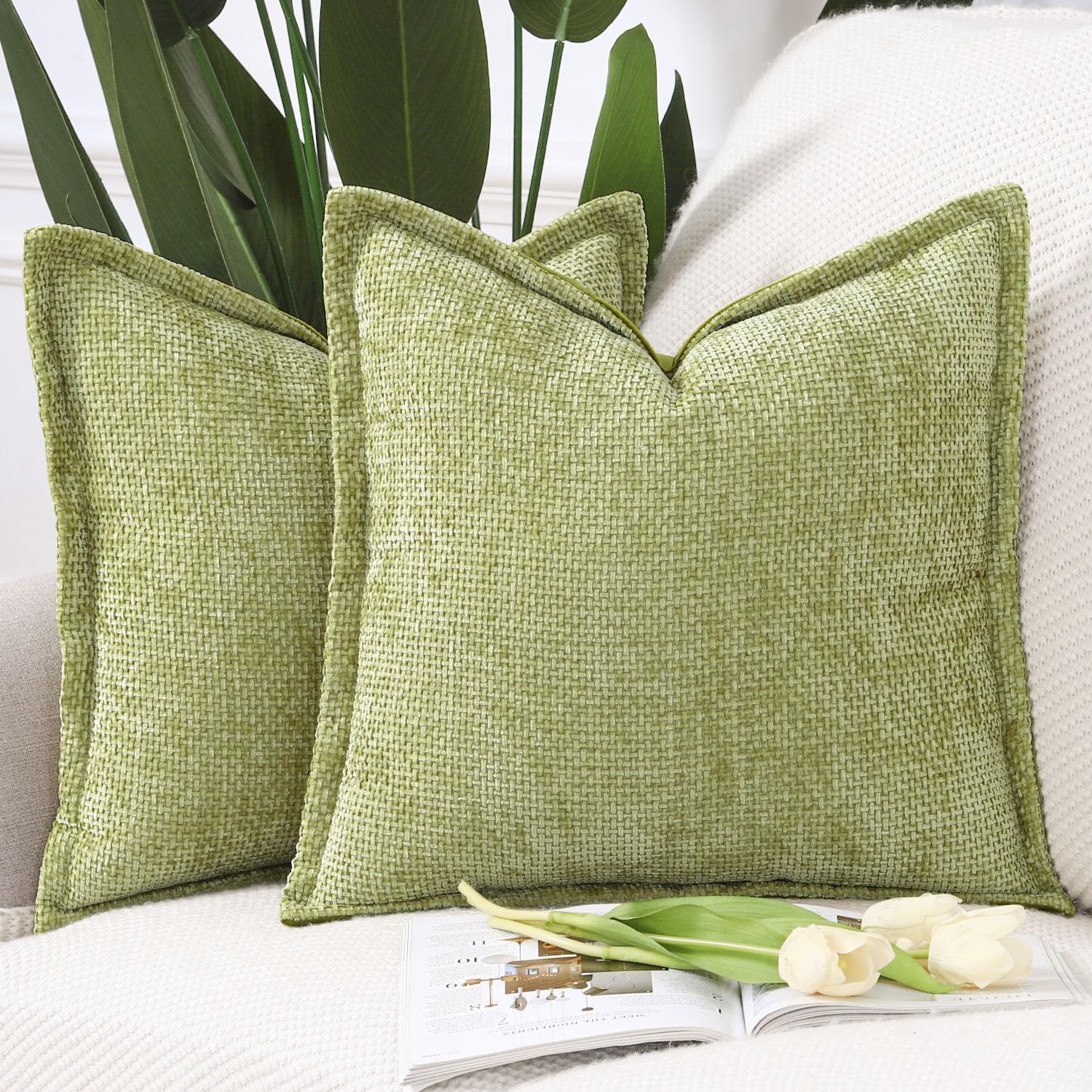 Chenille Velvet Cushion Covers Set of 2 - Light Green 40x40 cm