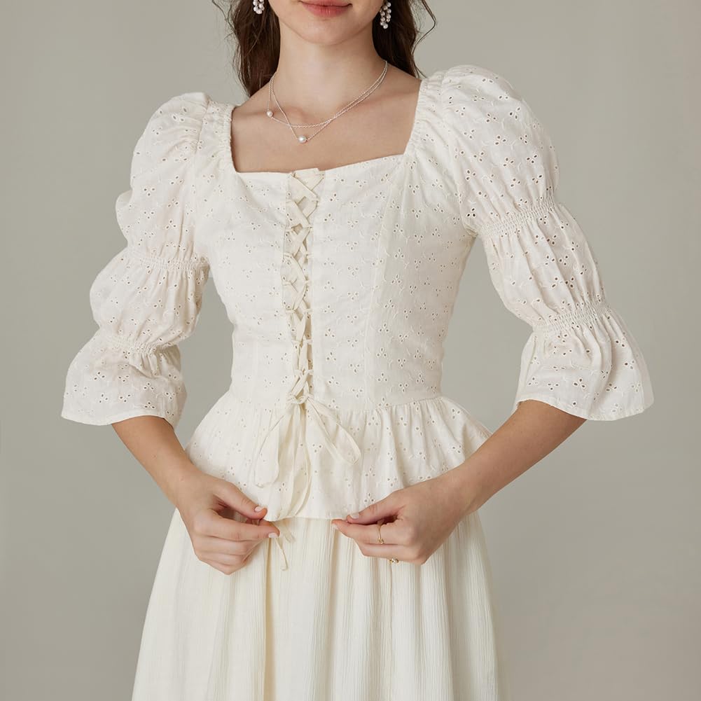 SCARLET DARKNESS Chemisier Renaissance En Dentelle à Col Carré Et Manches Flottantes Pour Femme, Vert Olive, S