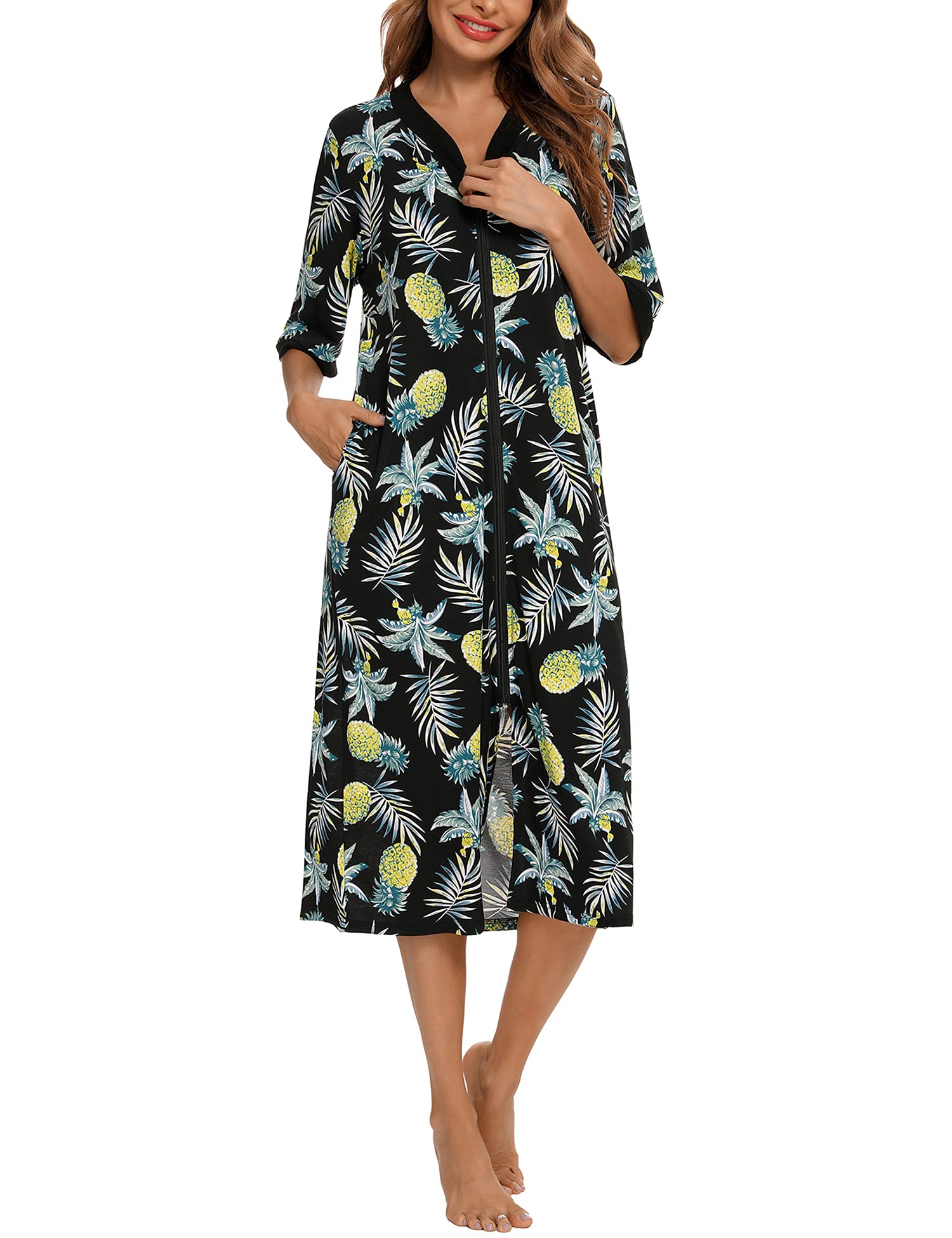 Cotton Nightdress with Zip & Pockets - Black M