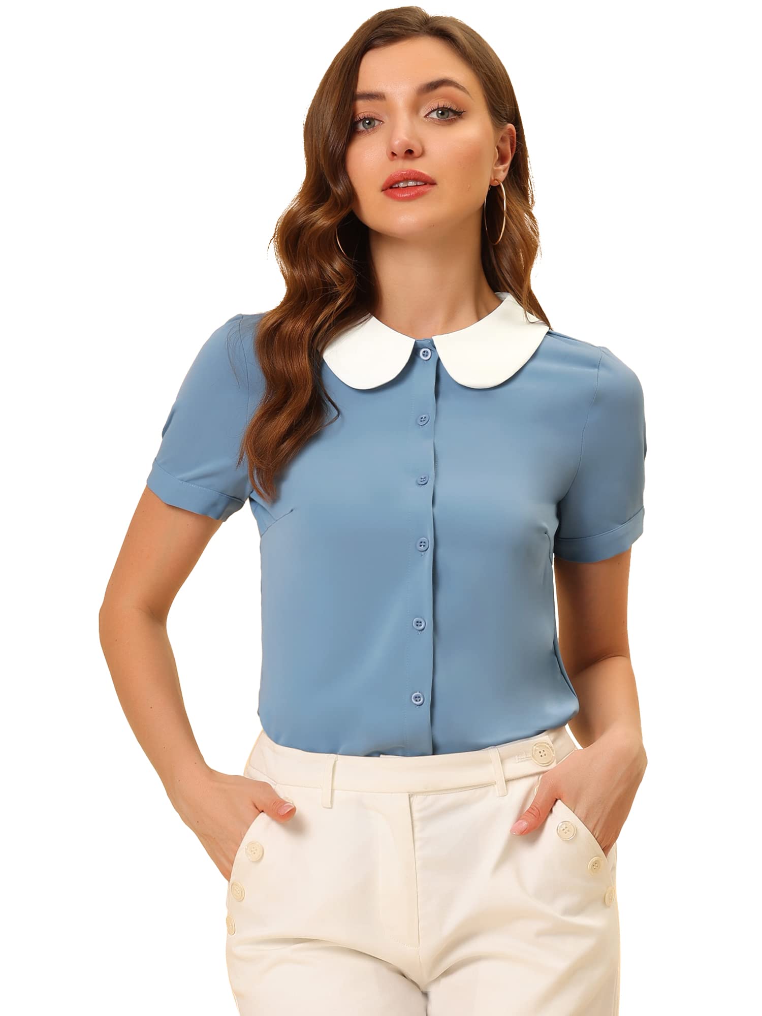 Women's Work Blouse Peter Pan Collar - Dusty Blue 8-image-7dca6a95-3f2c-4069-8b14-34995dc88a86-115537
