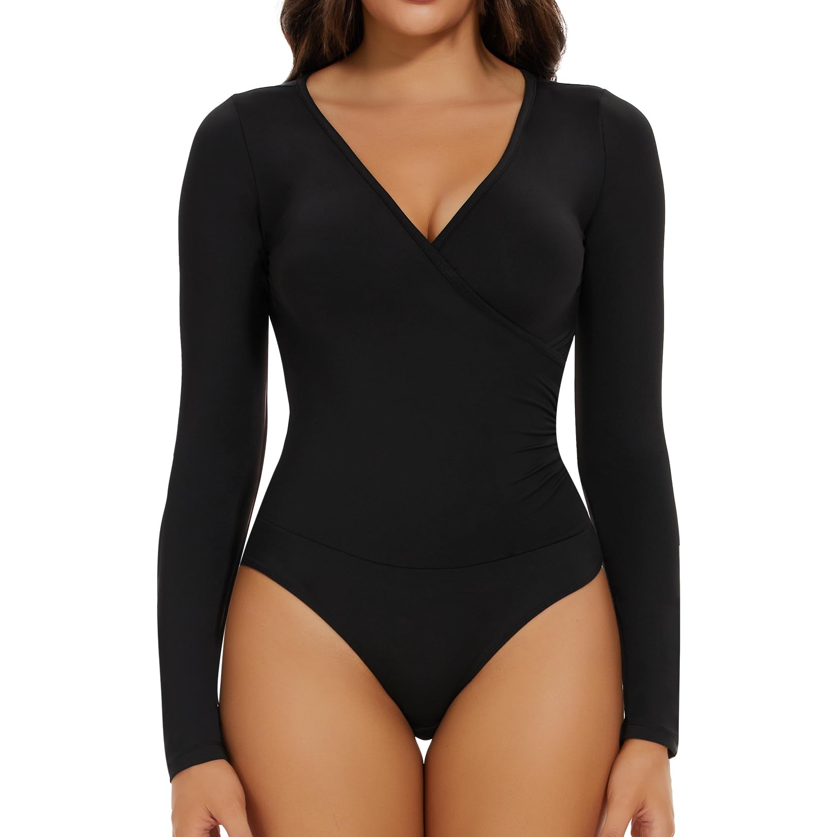 Joyshaper Long Sleeve V-Neck Bodysuit for Women - Black XL, Thong Style with Snap Closure-image-a77d276f-9a5b-47bc-98b0-1e534566f492-55103