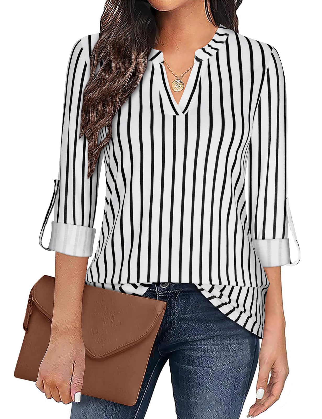 Stylish Long Sleeve Tunic Tops for Women, Casual & Workwear, 3/4 Roll-Up Sleeve, Floral & Stripe Designs-image-c6d33a7c-6bd5-4282-8b4e-ba8834cdf5d3-69783