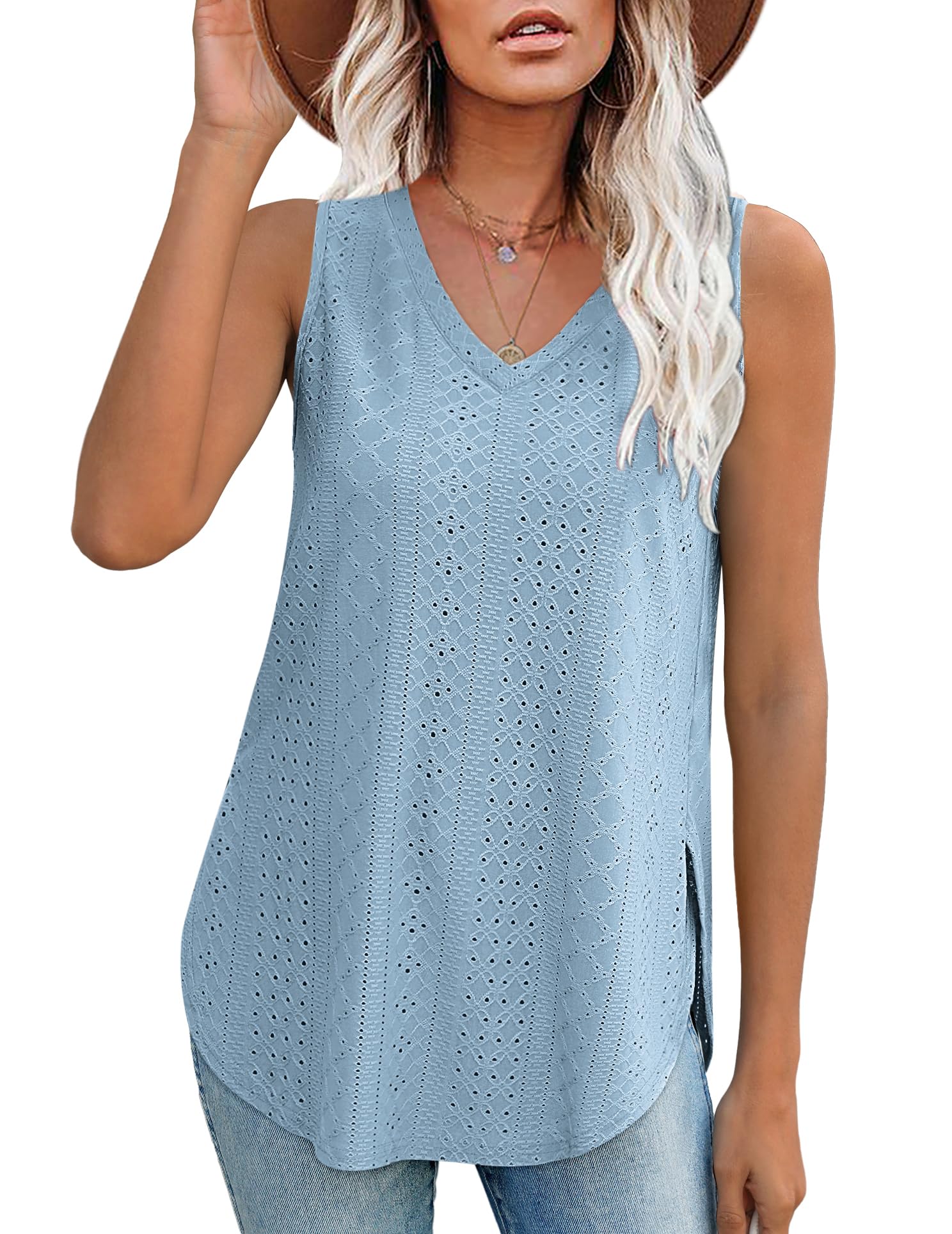 Ladies Blue V-Neck Sleeveless Summer Top with Side Splits, Size 6-8 - Casual & Stylish by Aokosor-image-f147b2dc-456a-4cd5-9be1-82a1e6566e3a-68299