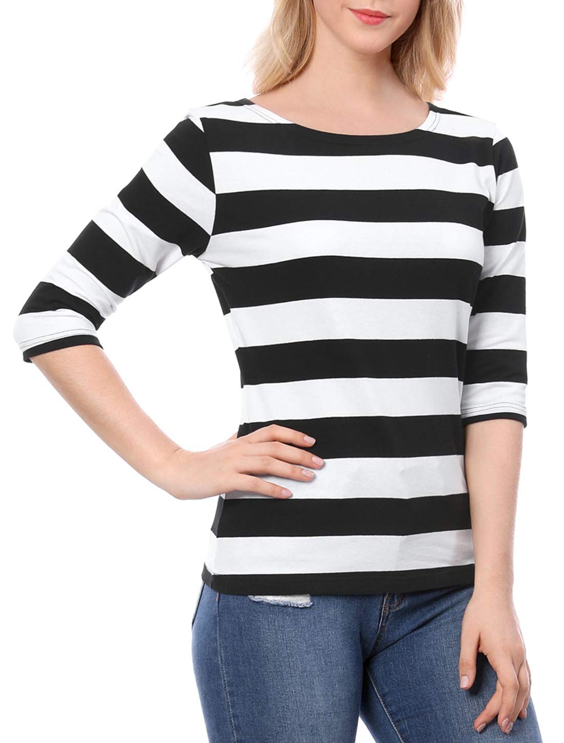 Allegra K Women's Elbow Sleeves Top Casual Boat Neck Black White 16-image-0d1d88c8-5607-4df0-a151-99d36183f261-60495