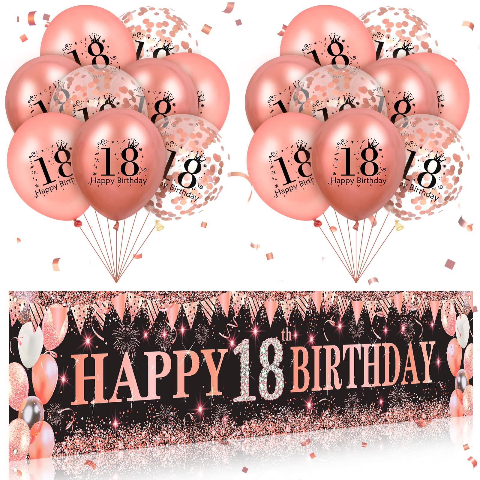 18th Birthday Decor: Large Black Rose Gold Banner & 18 Balloons - Perfect Party Supplies for Girls