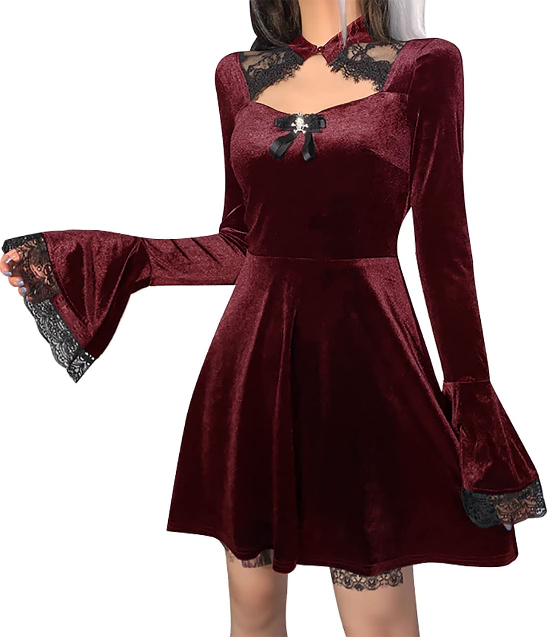Women's Gothic Velvet Lace Mini Dress - Red L-image-82a21cbe-cde4-4ee6-a08e-ec43b4f3d919-96621