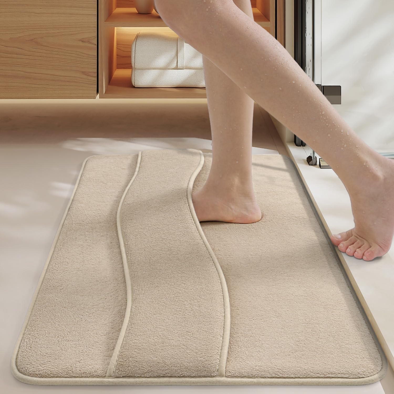Super Absorbent Memory Foam Bath Mat 40x60cm, Extra Thick & Non-Slip, Machine Washable, Beige-image-ca31bc09-148a-475e-8cf8-f97bcd21067e-68050