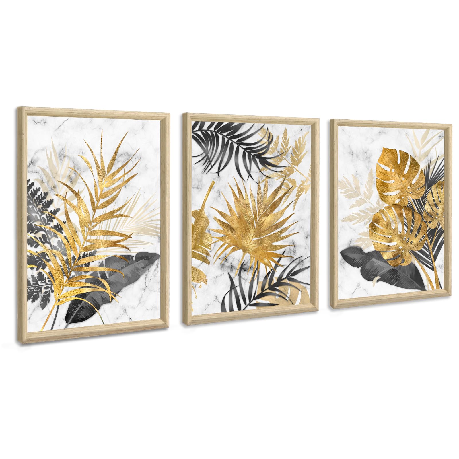 Framed Canvas Wall Art Set - White Gold Tropical Leaf A 30x40cmx3-image-b9ea5bc1-d2c5-4a9c-bcaf-addb557b5cf9-95197